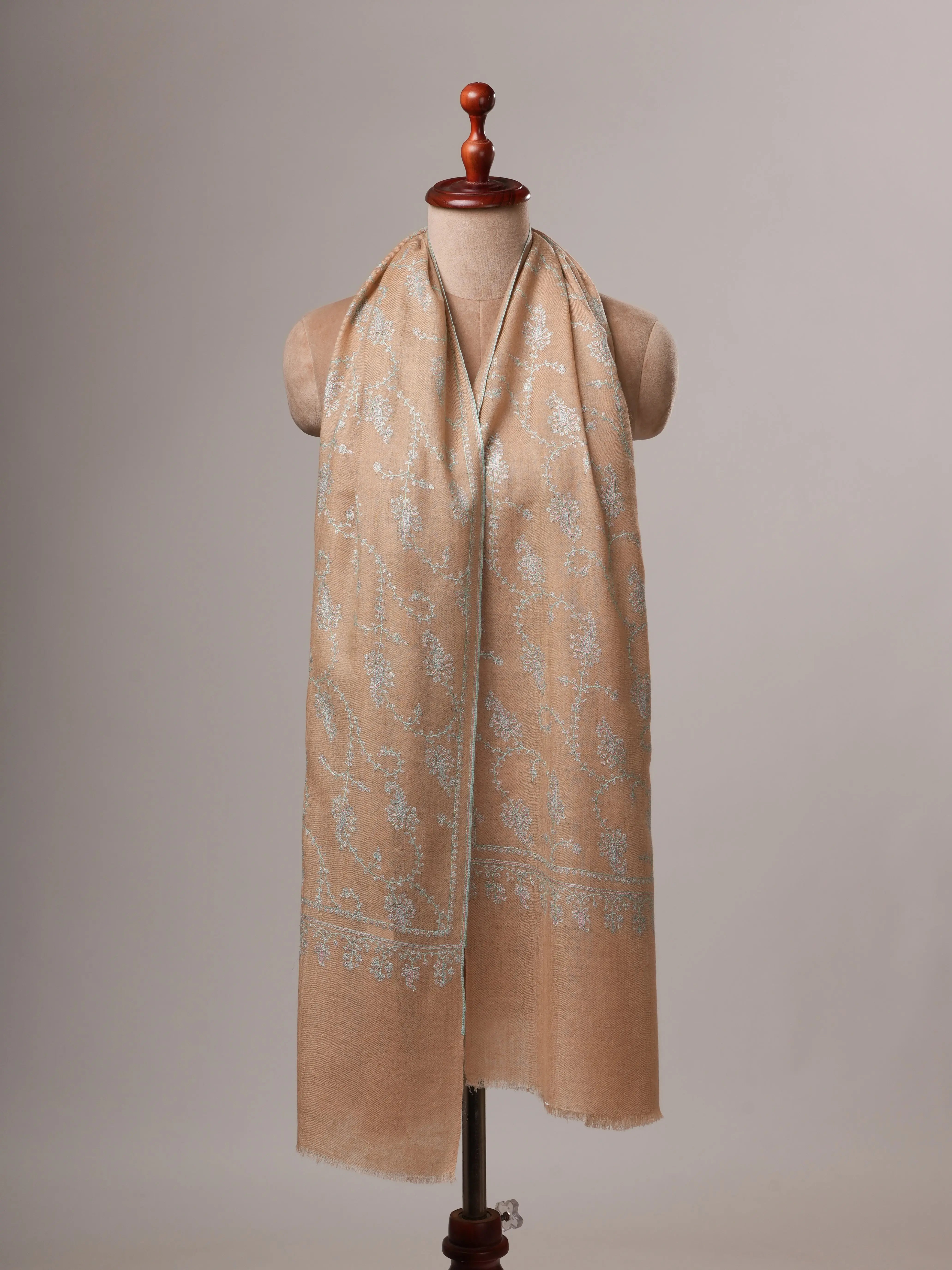Tan Cashmere Scarf with All-Over Sozni Embroidery Shahkaar