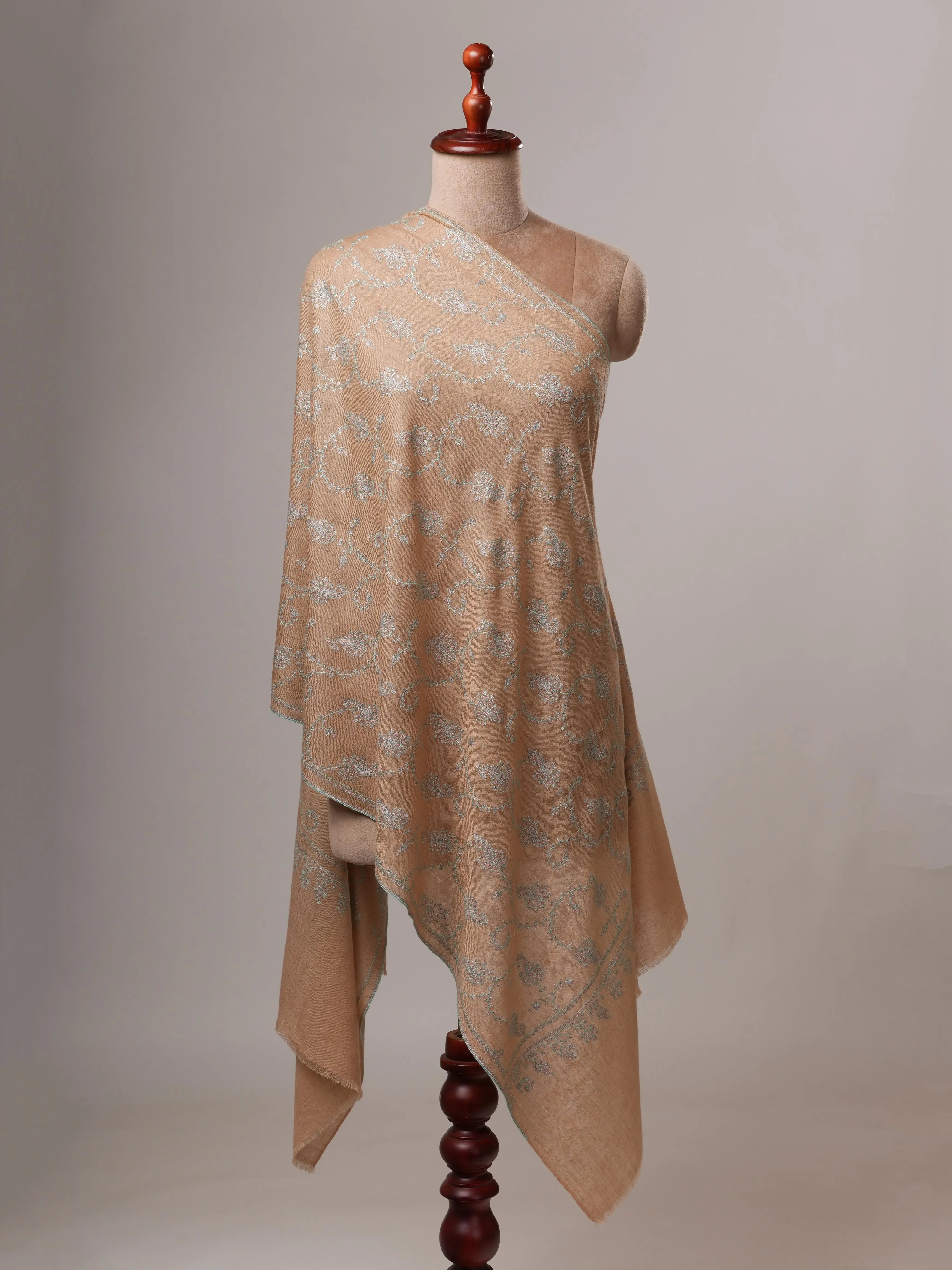 Tan Cashmere Scarf with All-Over Sozni Embroidery Shahkaar