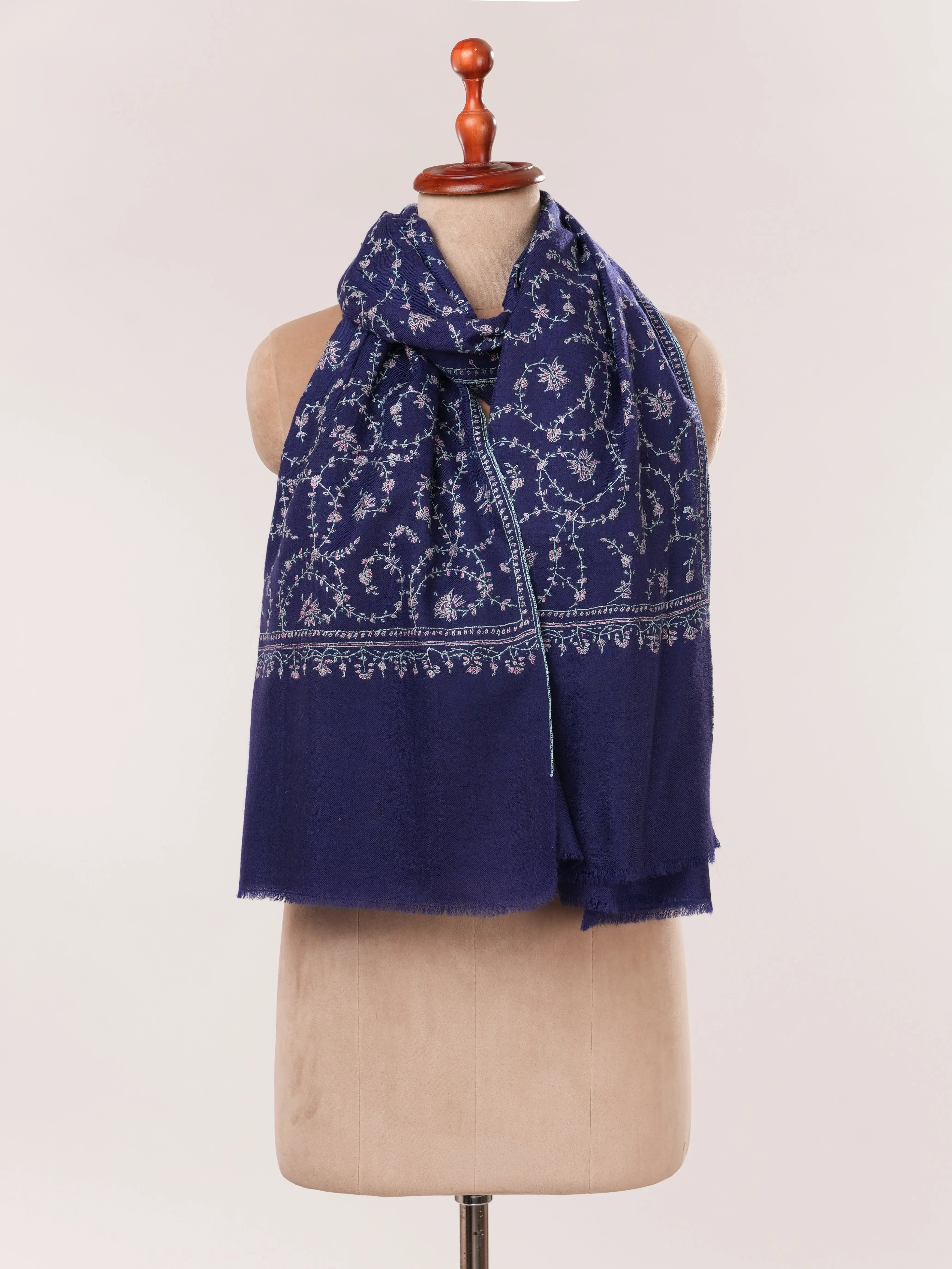 Navy Blue Featherlight Cashmere Scarf with Hand Embroidery Shahkaar.com