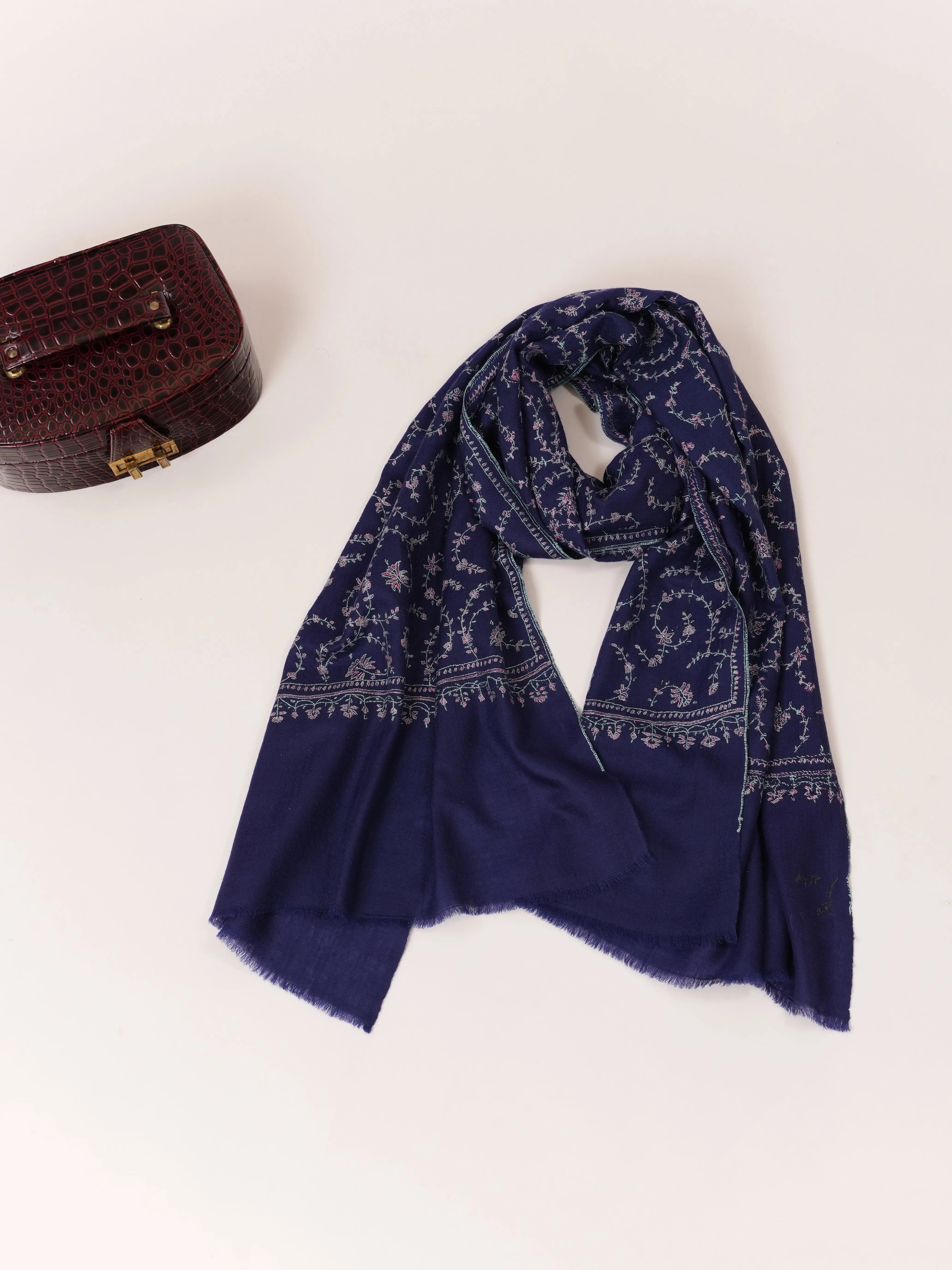 Navy Blue Featherlight Cashmere Scarf with Hand Embroidery Shahkaar.com