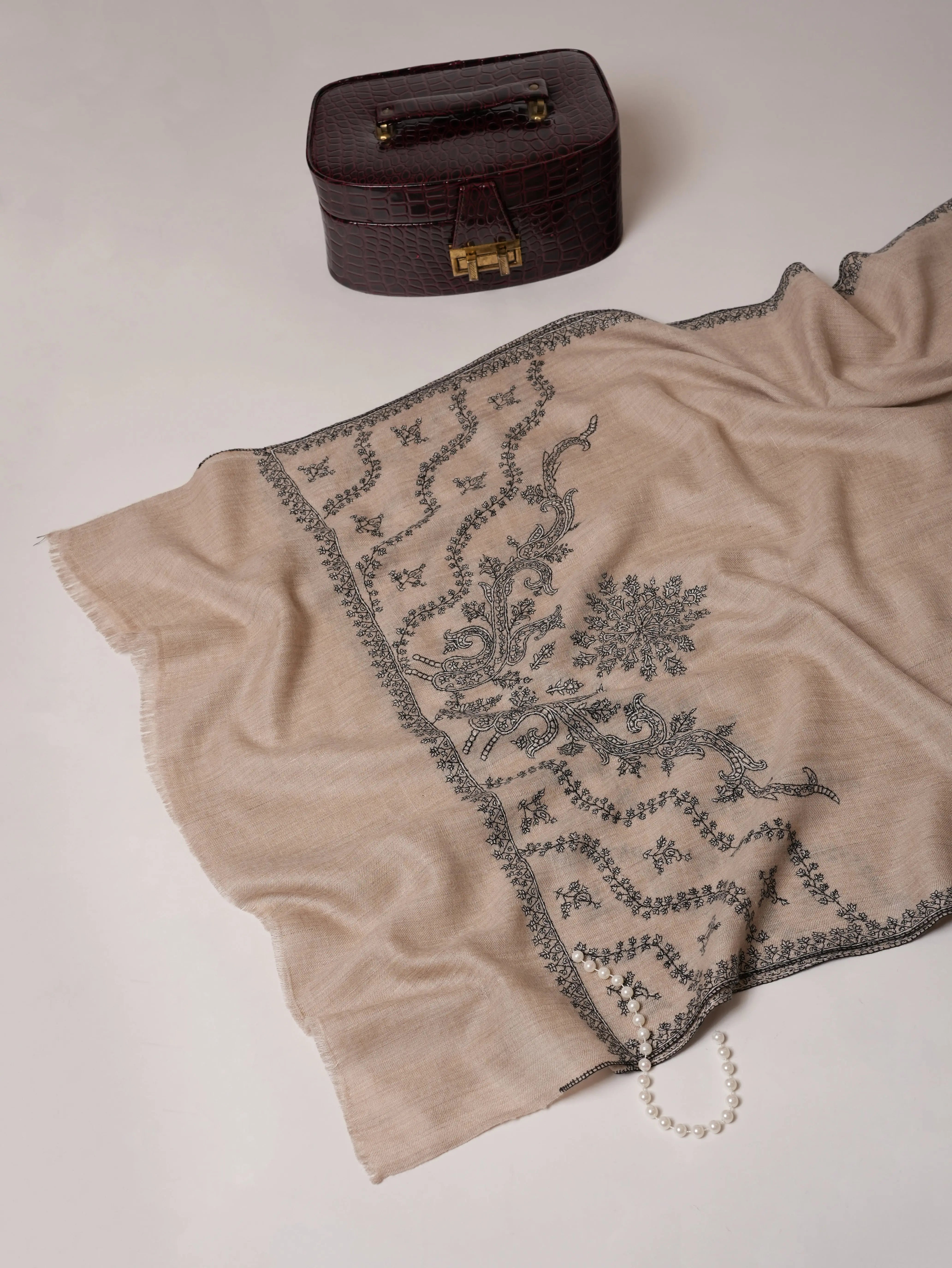 Natural Grey Cashmere Scarf with Palla Hand Embroidery Shahkaar.com