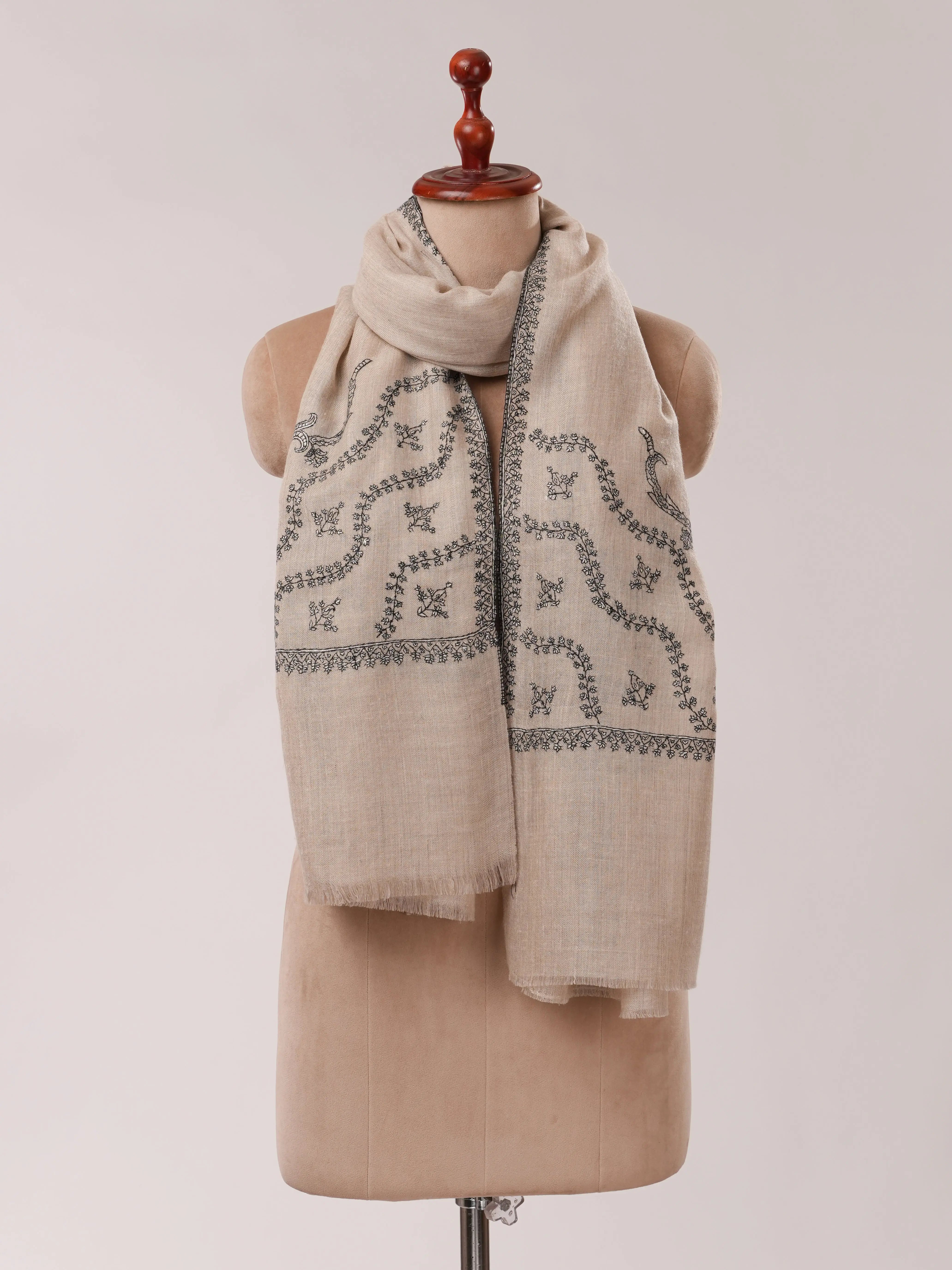 Natural Grey Cashmere Scarf with Palla Hand Embroidery Shahkaar.com