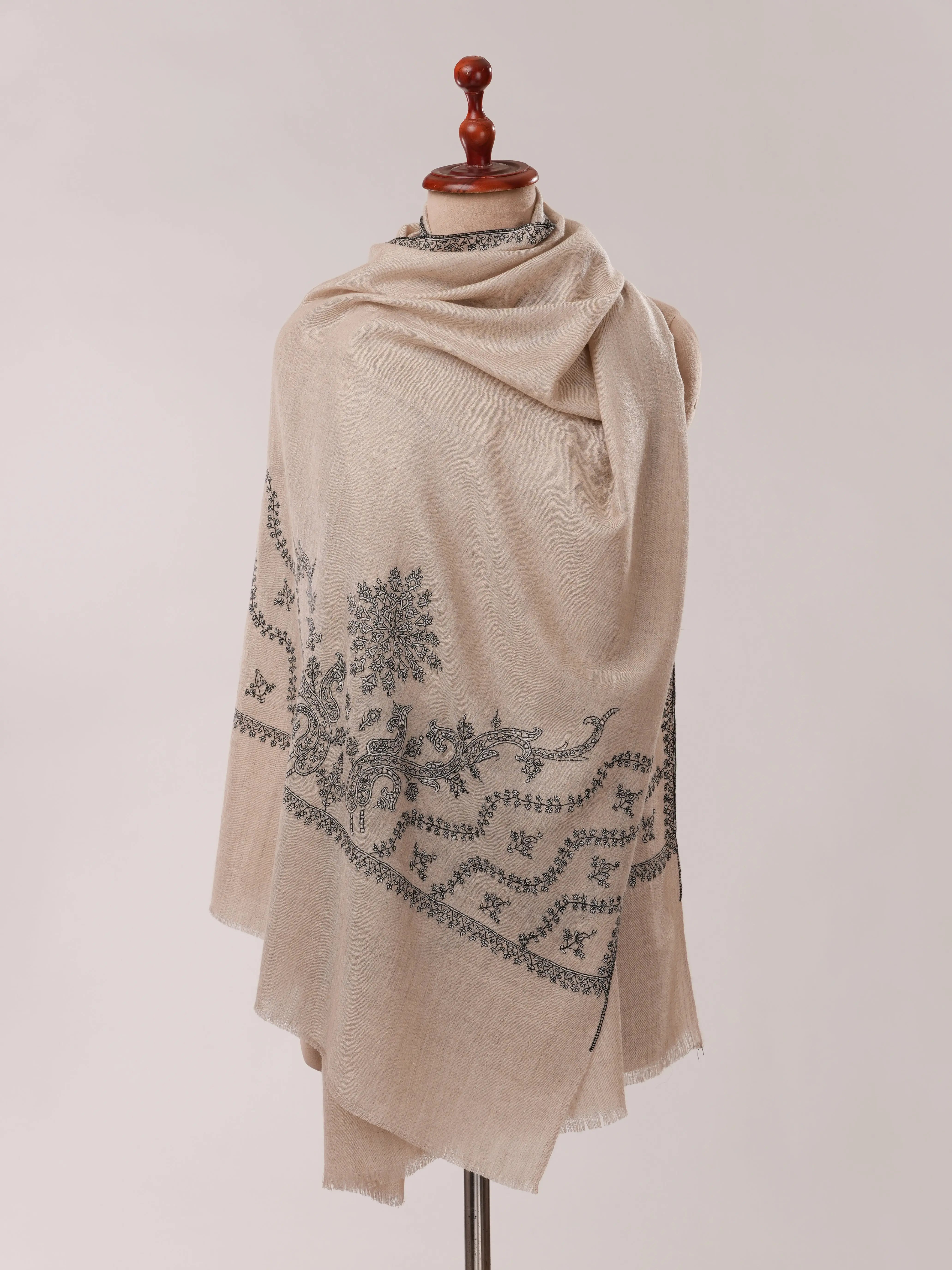 Natural Grey Cashmere Scarf with Palla Hand Embroidery Shahkaar.com
