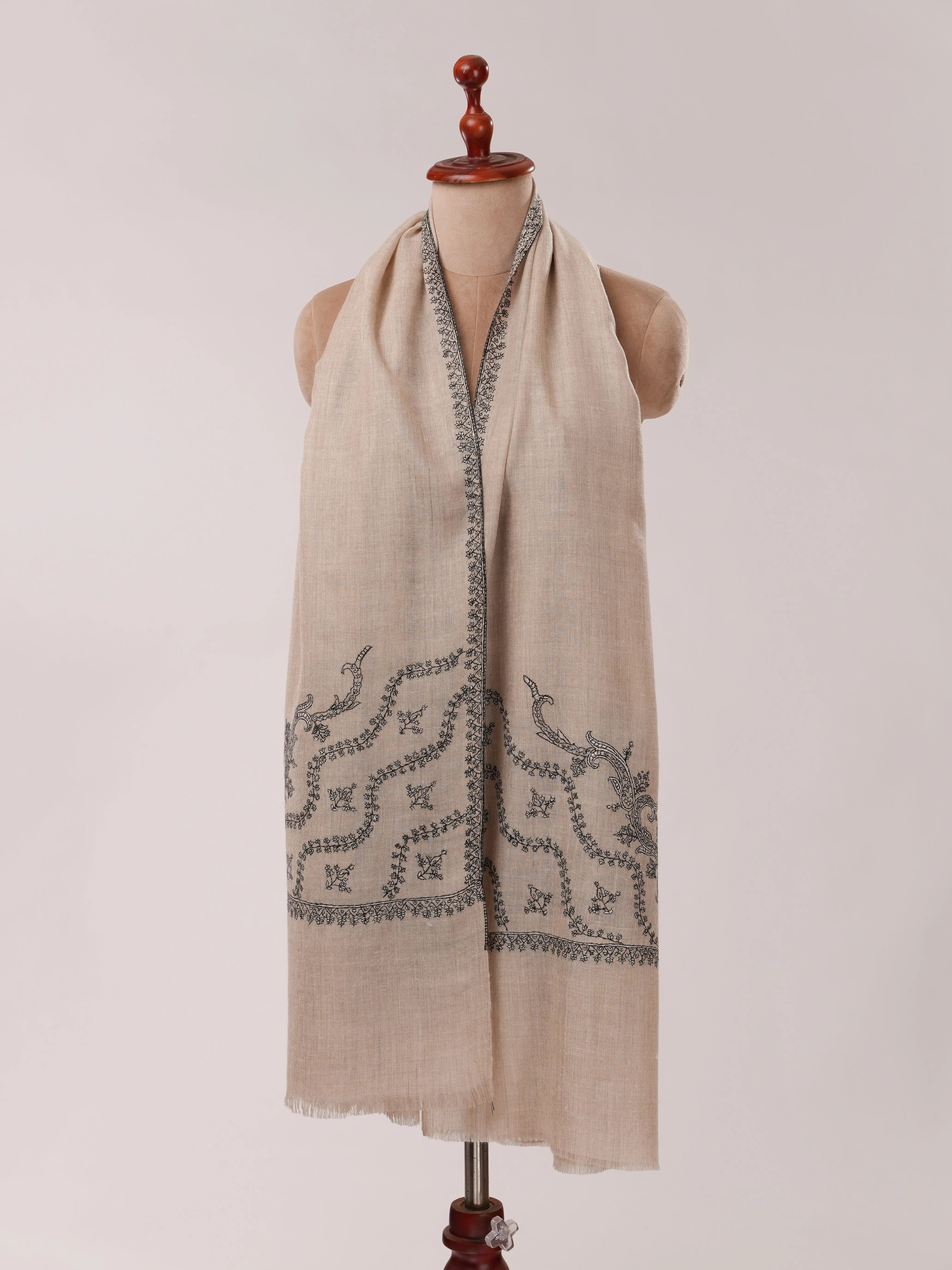 Natural Grey Cashmere Scarf with Palla Hand Embroidery Shahkaar.com