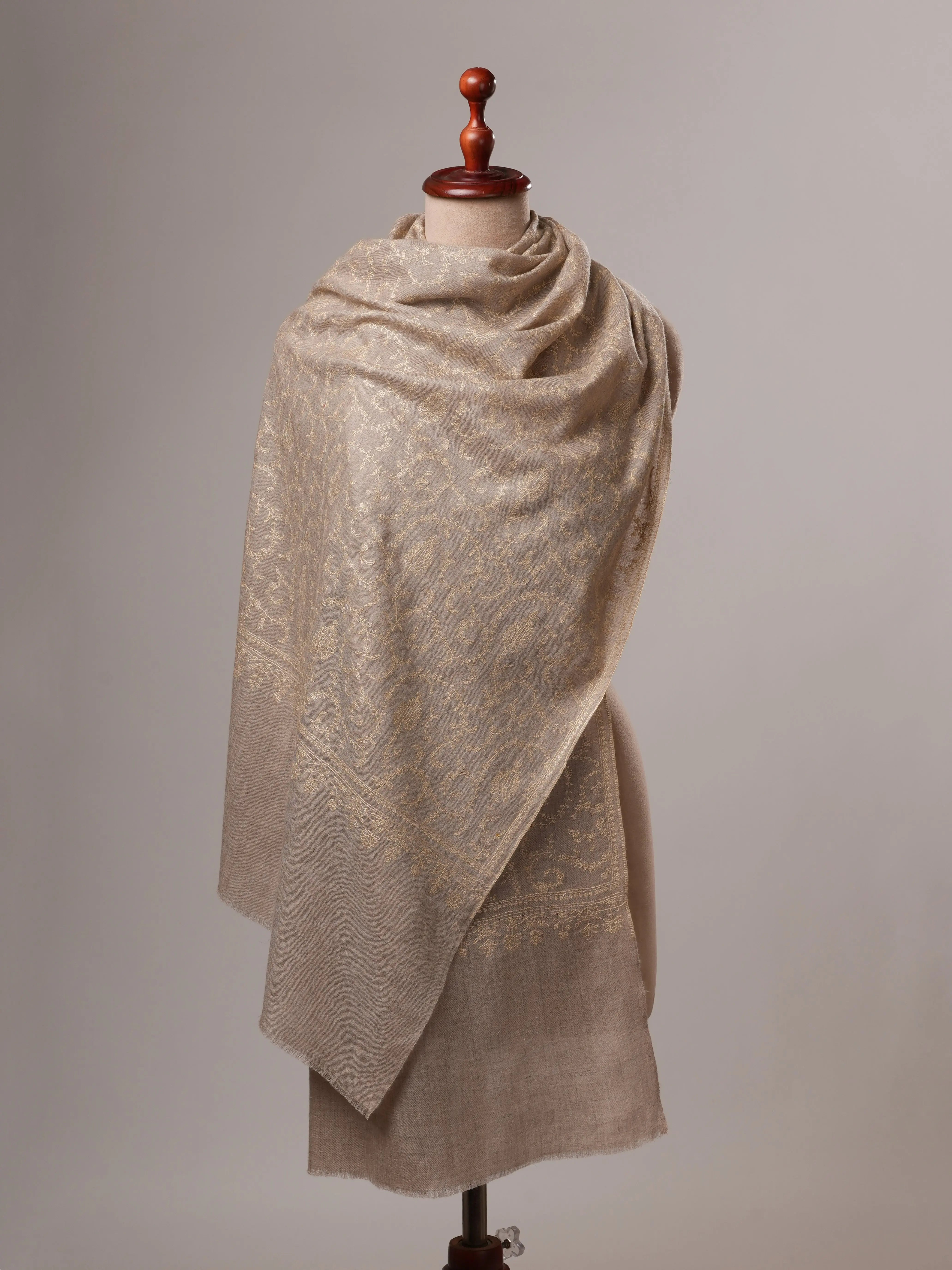 Natural Grey Cashmere Scarf with All-Over Beige Sozni Embroidery Shahkaar