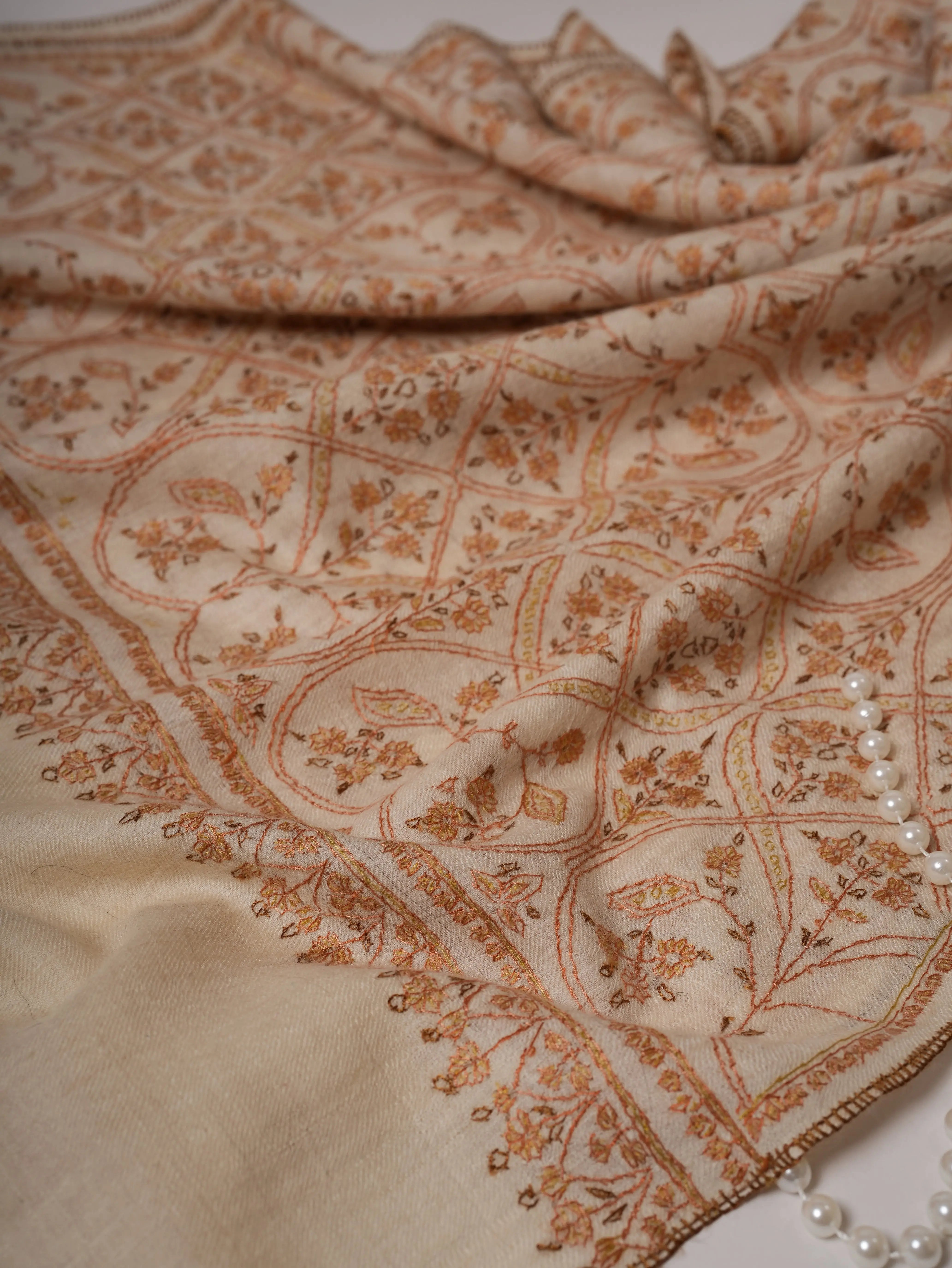 Natural White Handloomed Cashmere Scarf with Hand Embroidery Shahkaar