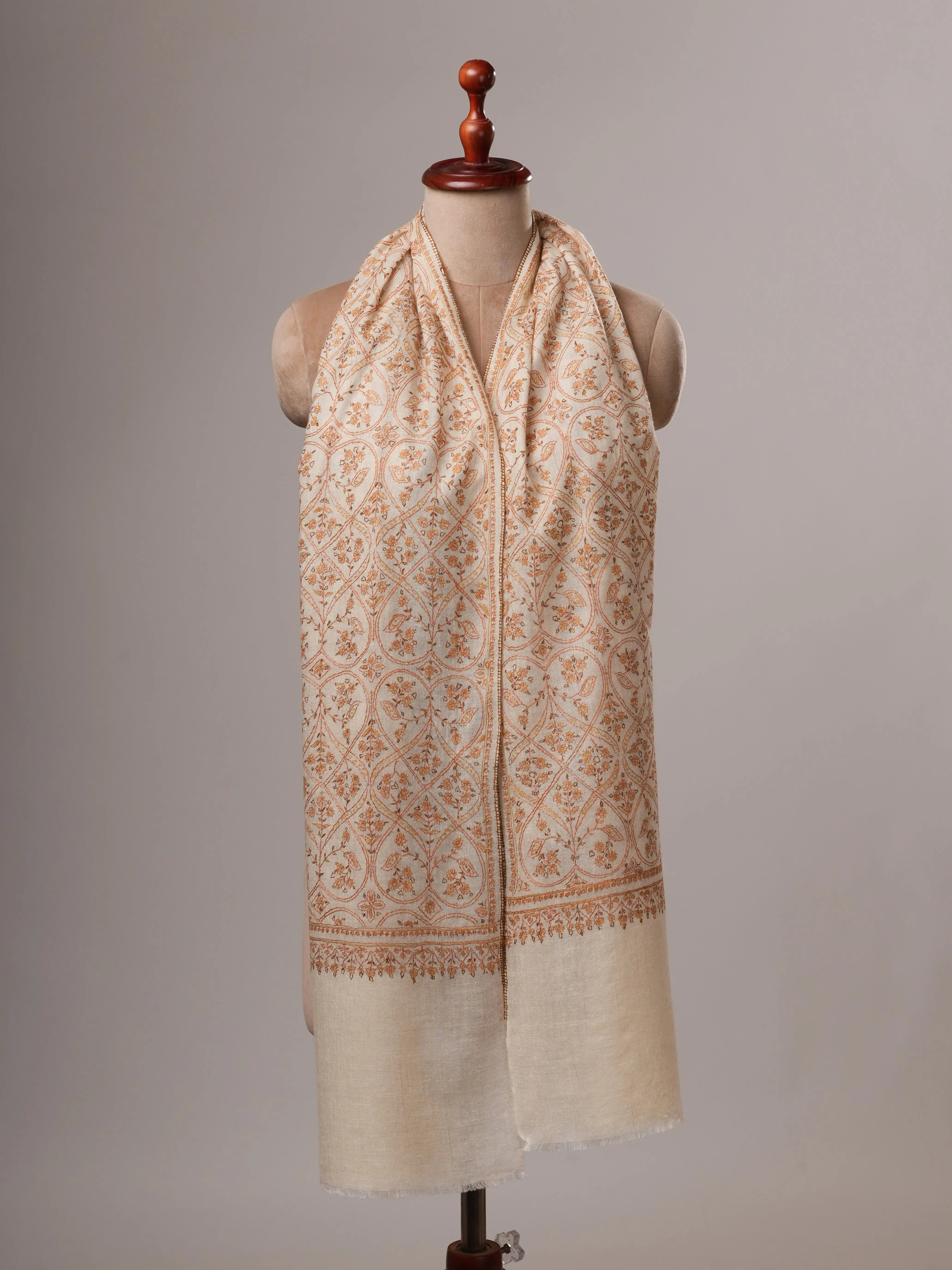 Natural White Handloomed Cashmere Scarf with Hand Embroidery Shahkaar