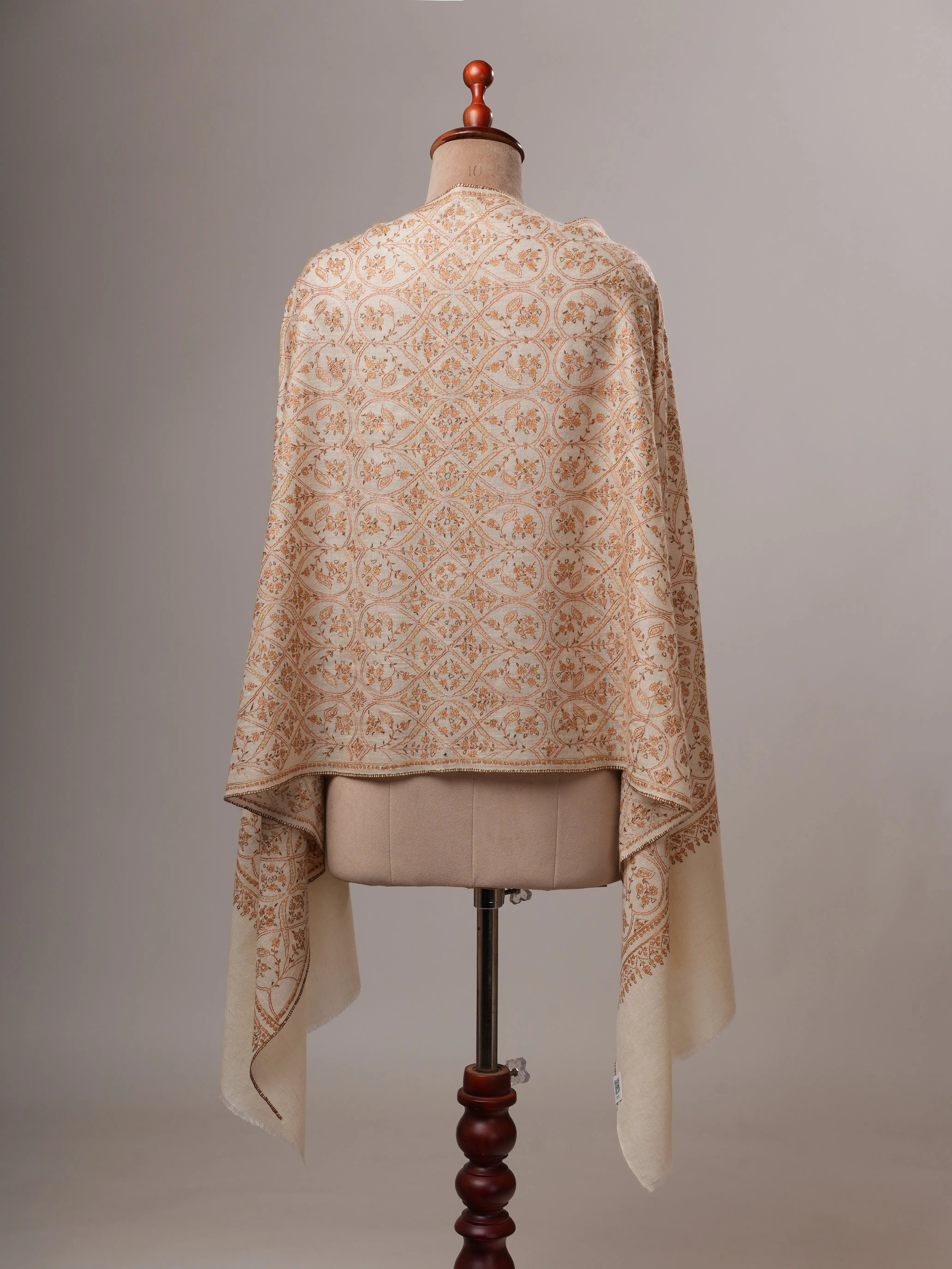 Natural White Handloomed Cashmere Scarf with Hand Embroidery Shahkaar