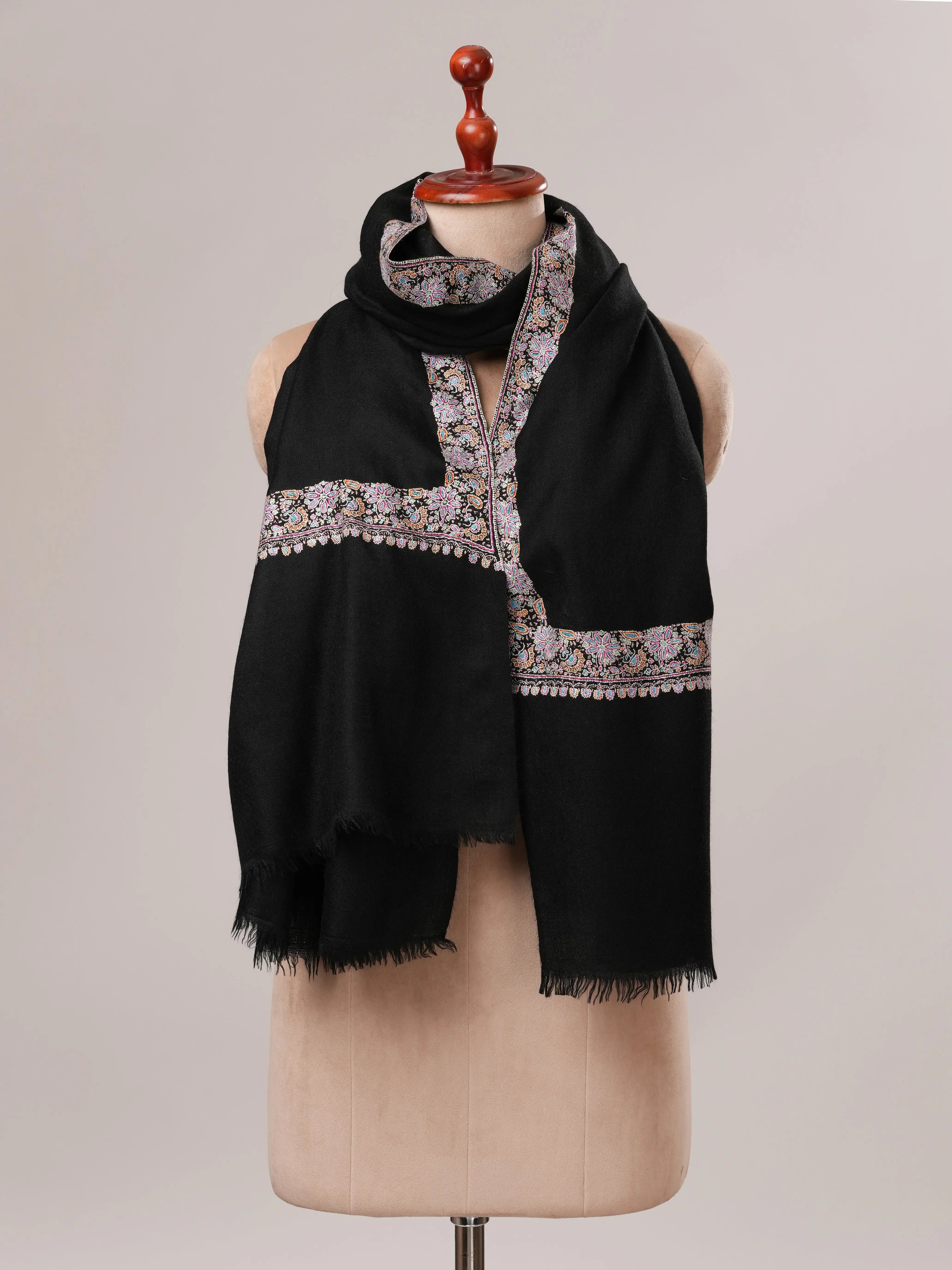 Black Sozni Neemdaur Embroidered Pure Pashmina Shawl Shahkaar.com