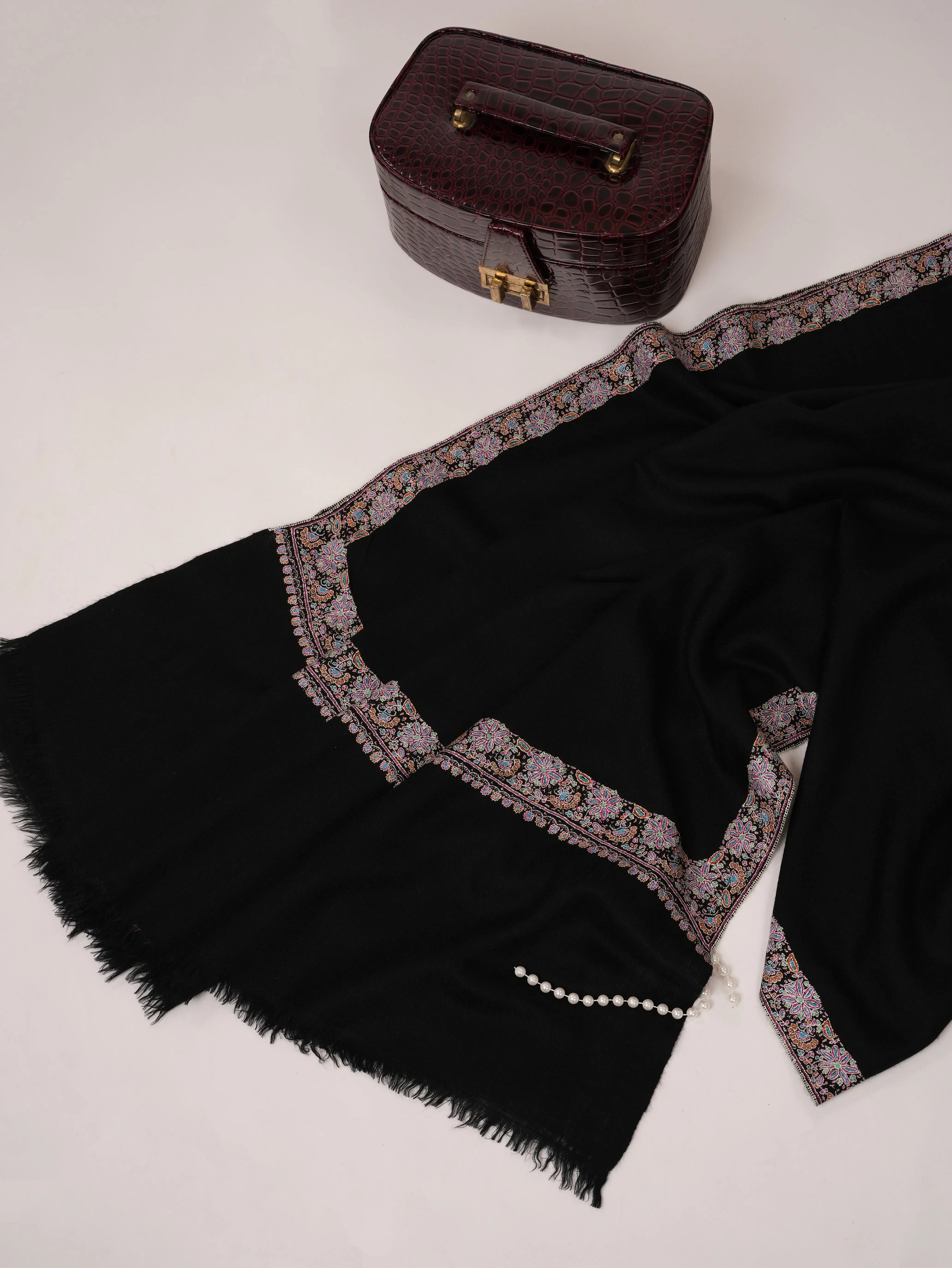 Black Sozni Neemdaur Embroidered Pure Pashmina Shawl Shahkaar.com