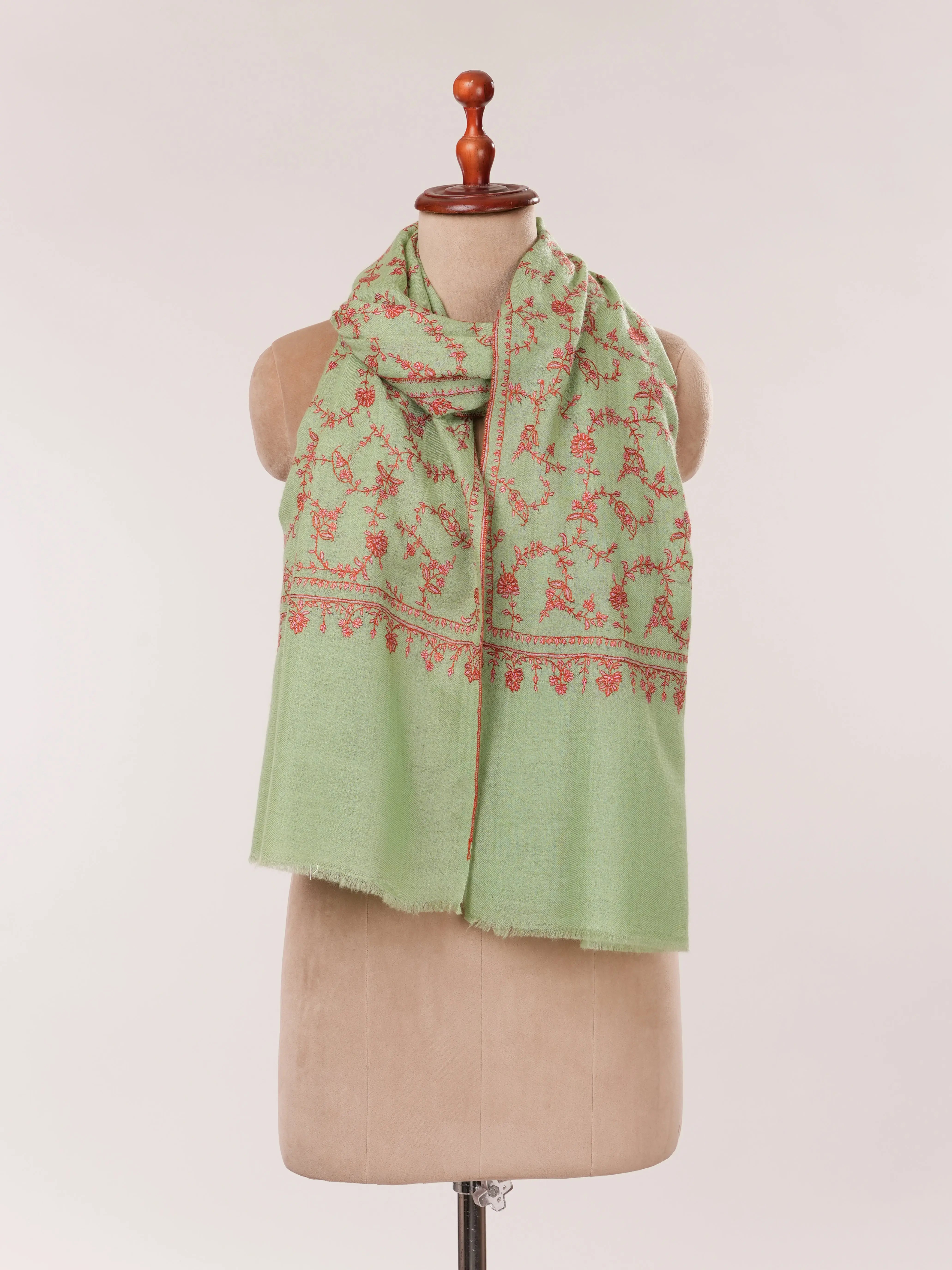 Sage Green Hand Embroidered Soft Cashmere Scarf Shahkaar.com