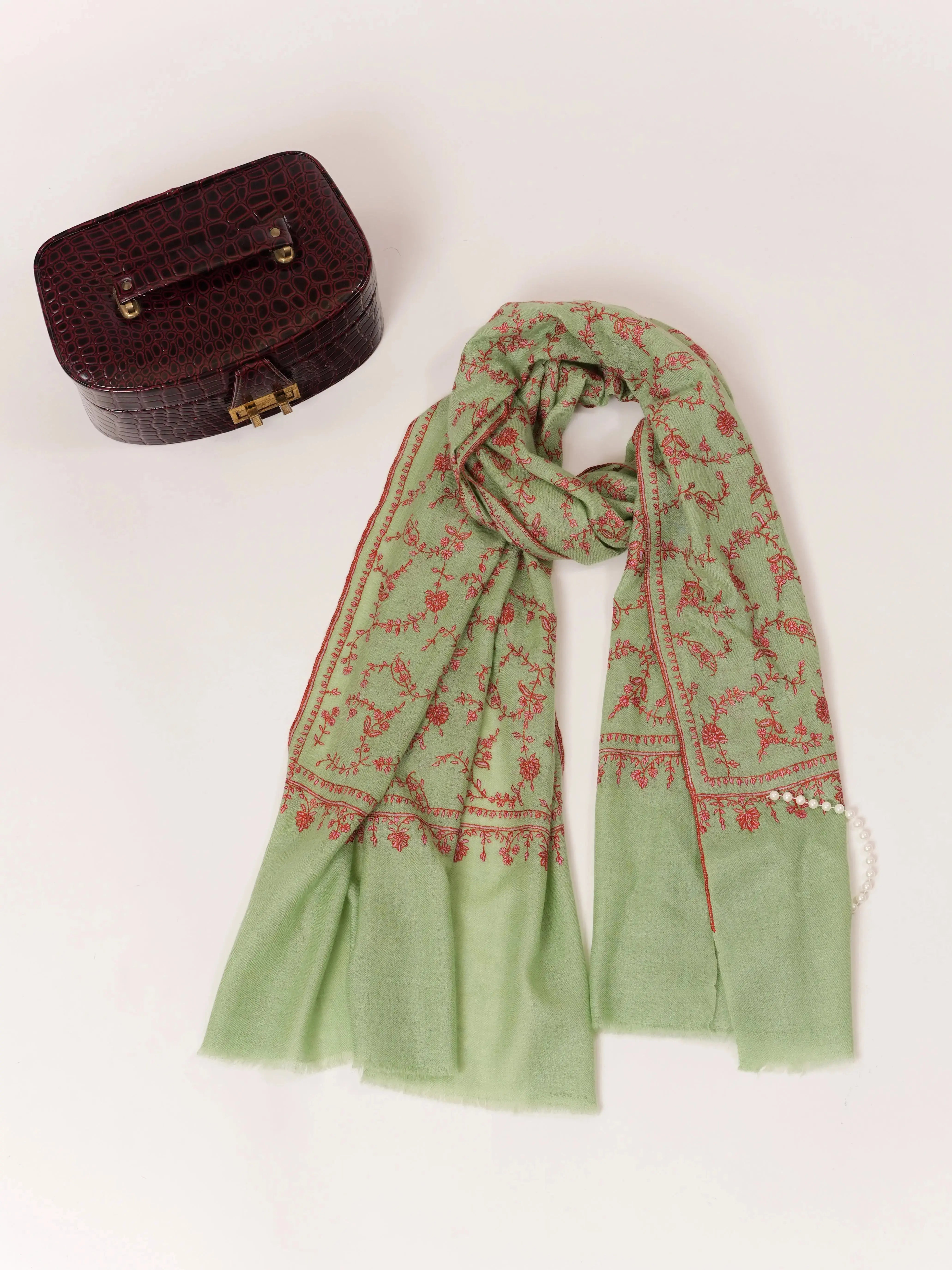 Sage Green Hand Embroidered Soft Cashmere Scarf Shahkaar.com
