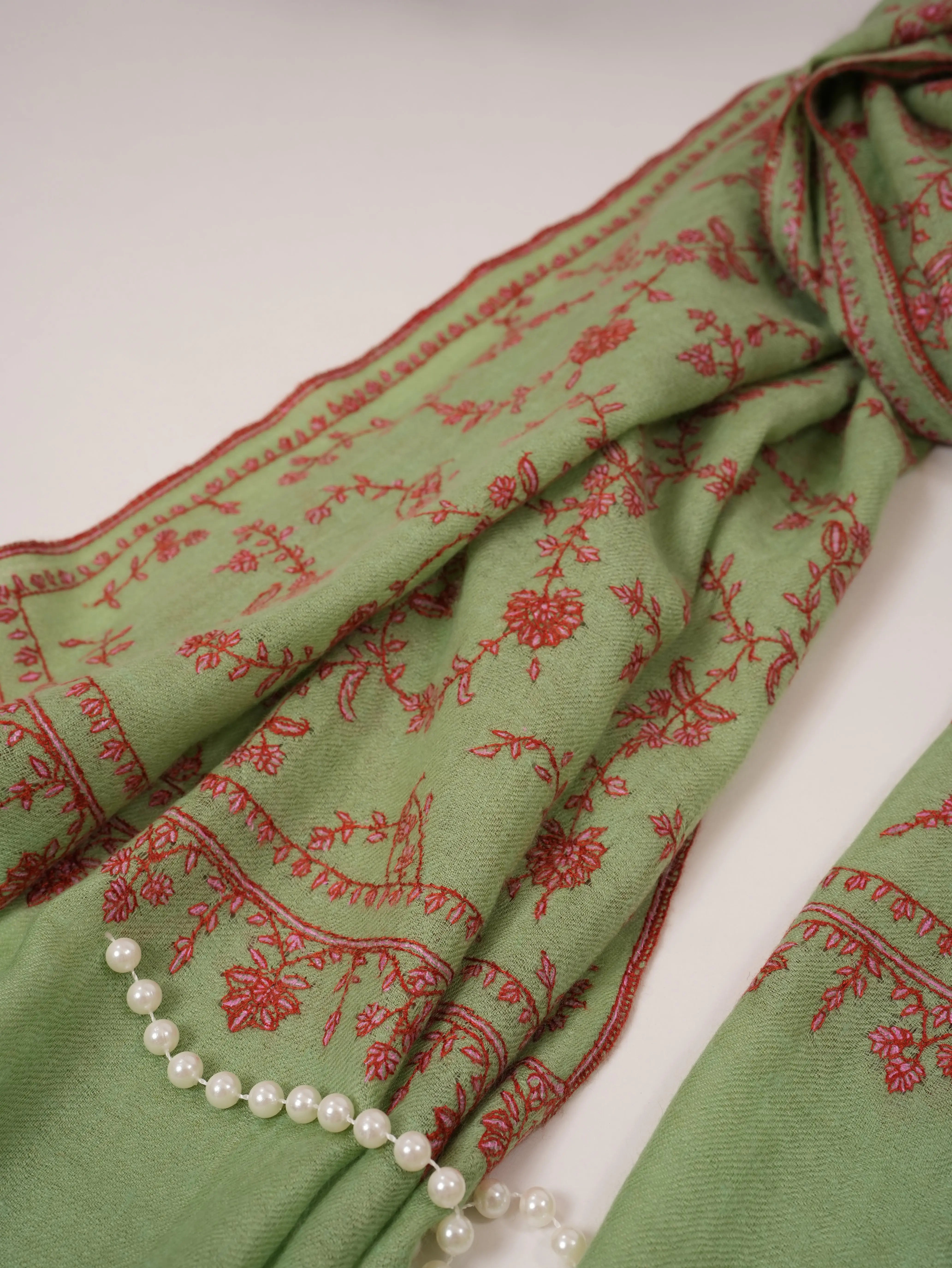 Sage Green Hand Embroidered Soft Cashmere Scarf Shahkaar.com