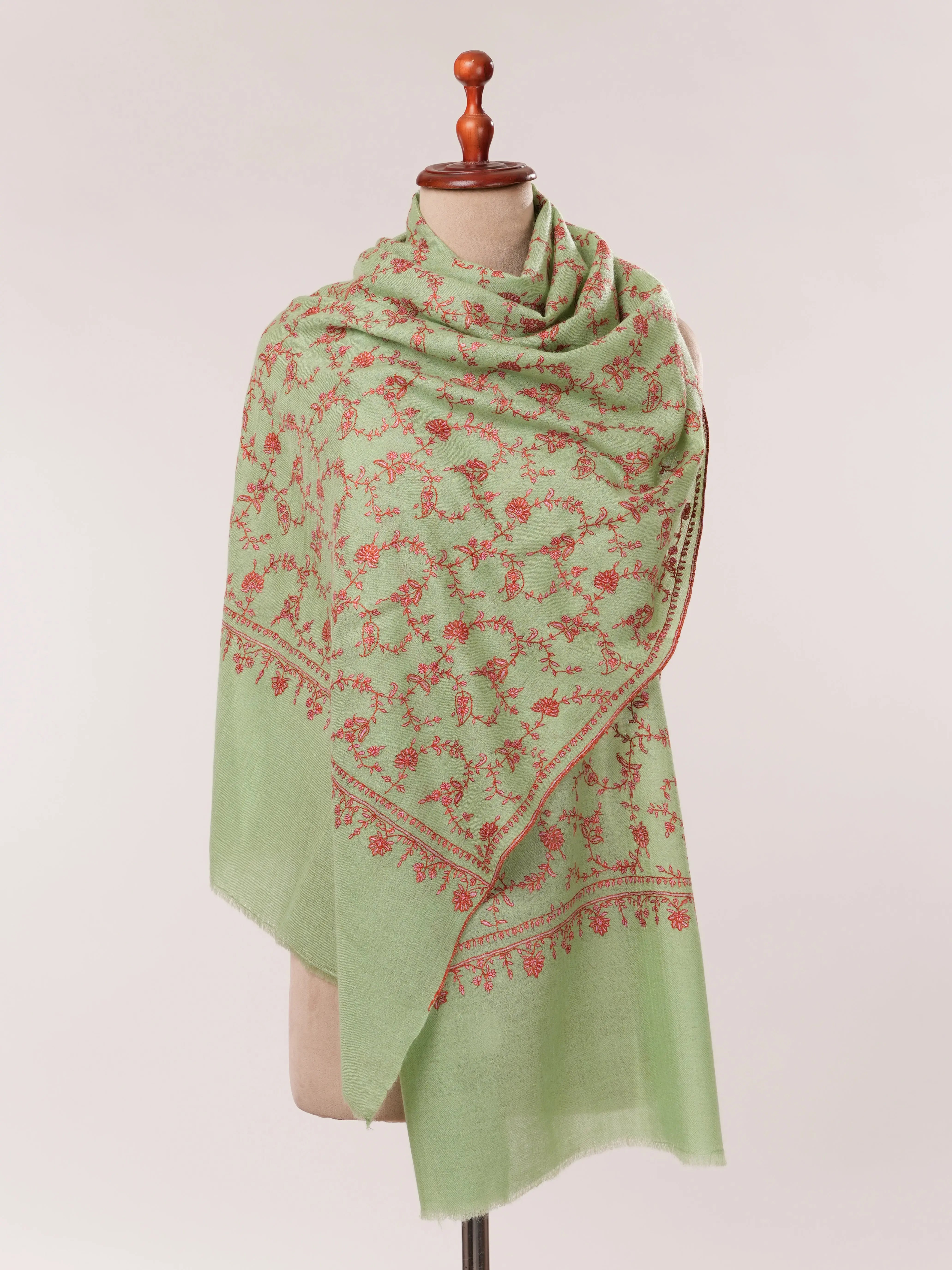 Sage Green Hand Embroidered Soft Cashmere Scarf Shahkaar.com