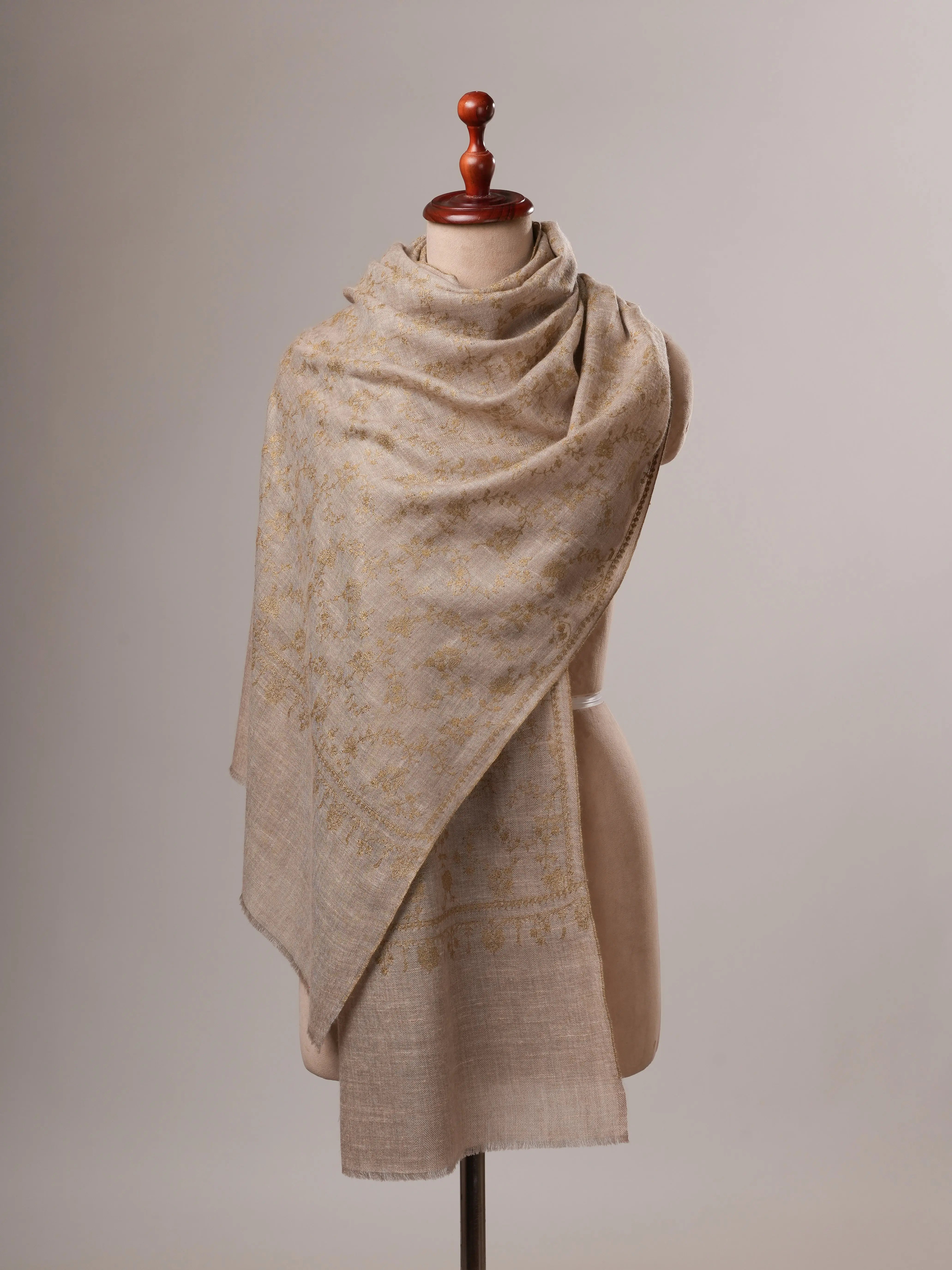 Natural Grey Handloomed Cashmere Scarf with Sozni Embroidery Shahkaar