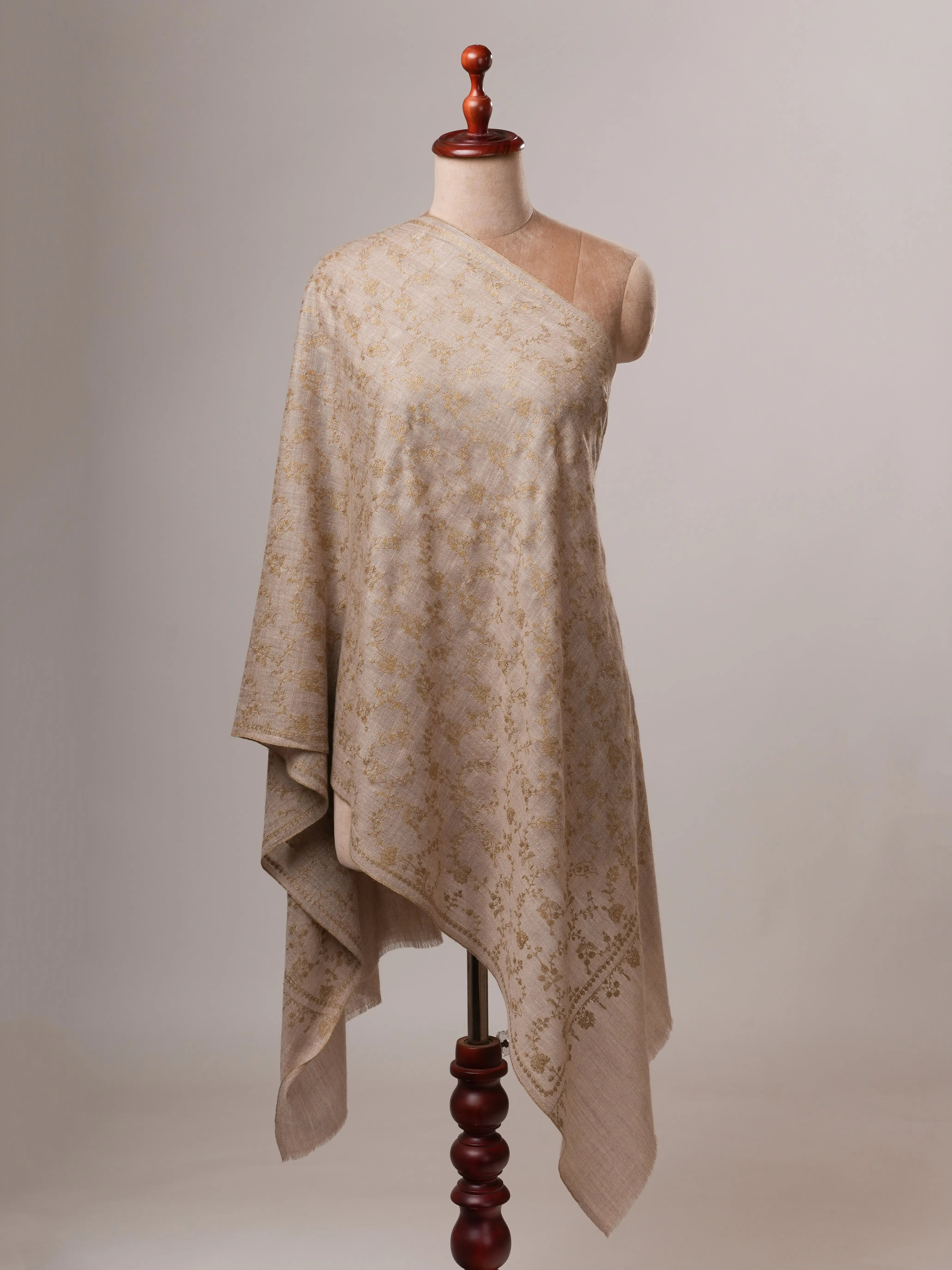 Natural Grey Handloomed Cashmere Scarf with Sozni Embroidery Shahkaar