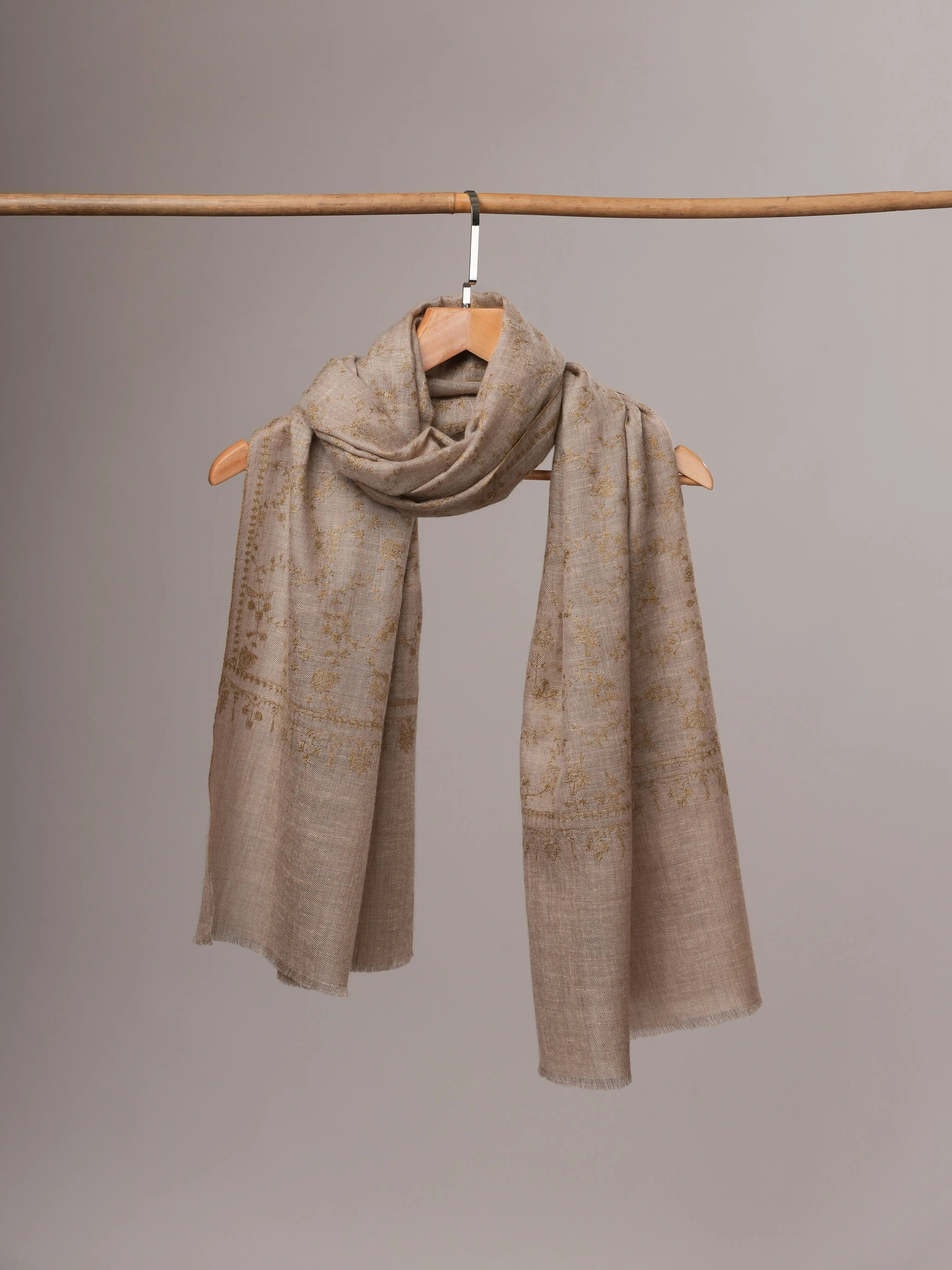 Natural Grey Handloomed Cashmere Scarf with Sozni Embroidery Shahkaar