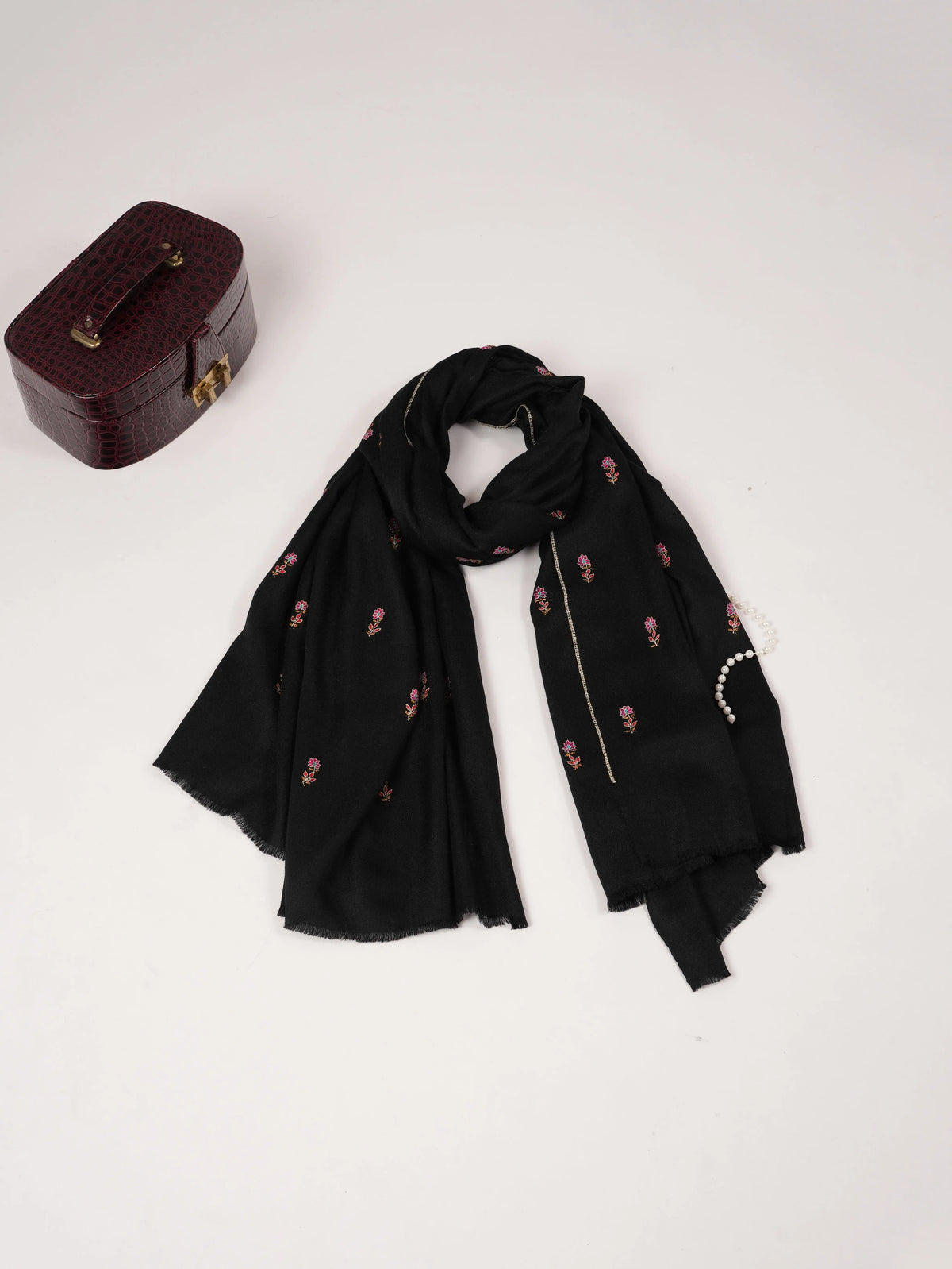 Handwoven Black Pashmina Shawl with Hand Sozni Buteh Embroidery