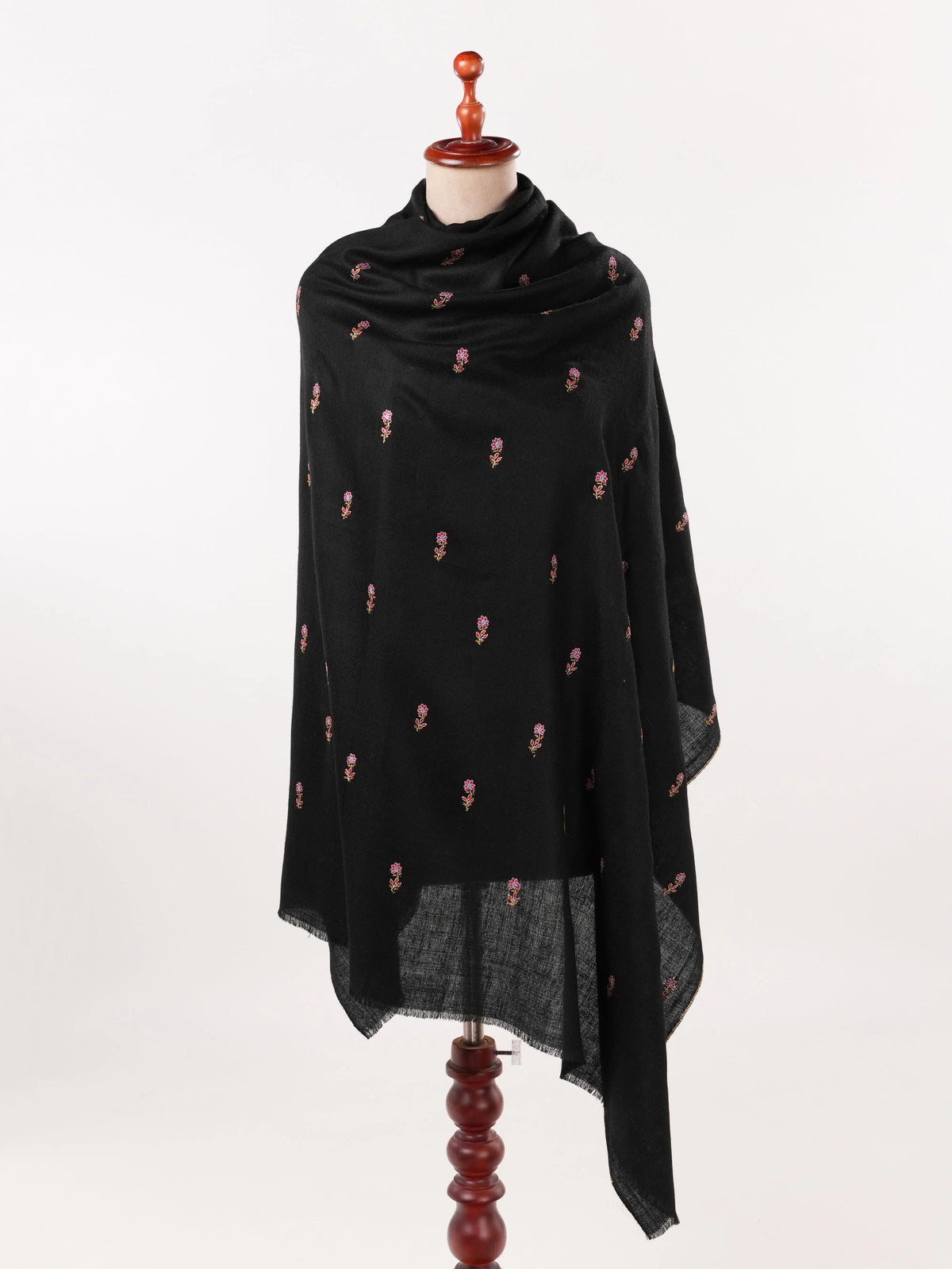 Handwoven Black Pashmina Shawl with Hand Sozni Buteh Embroidery
