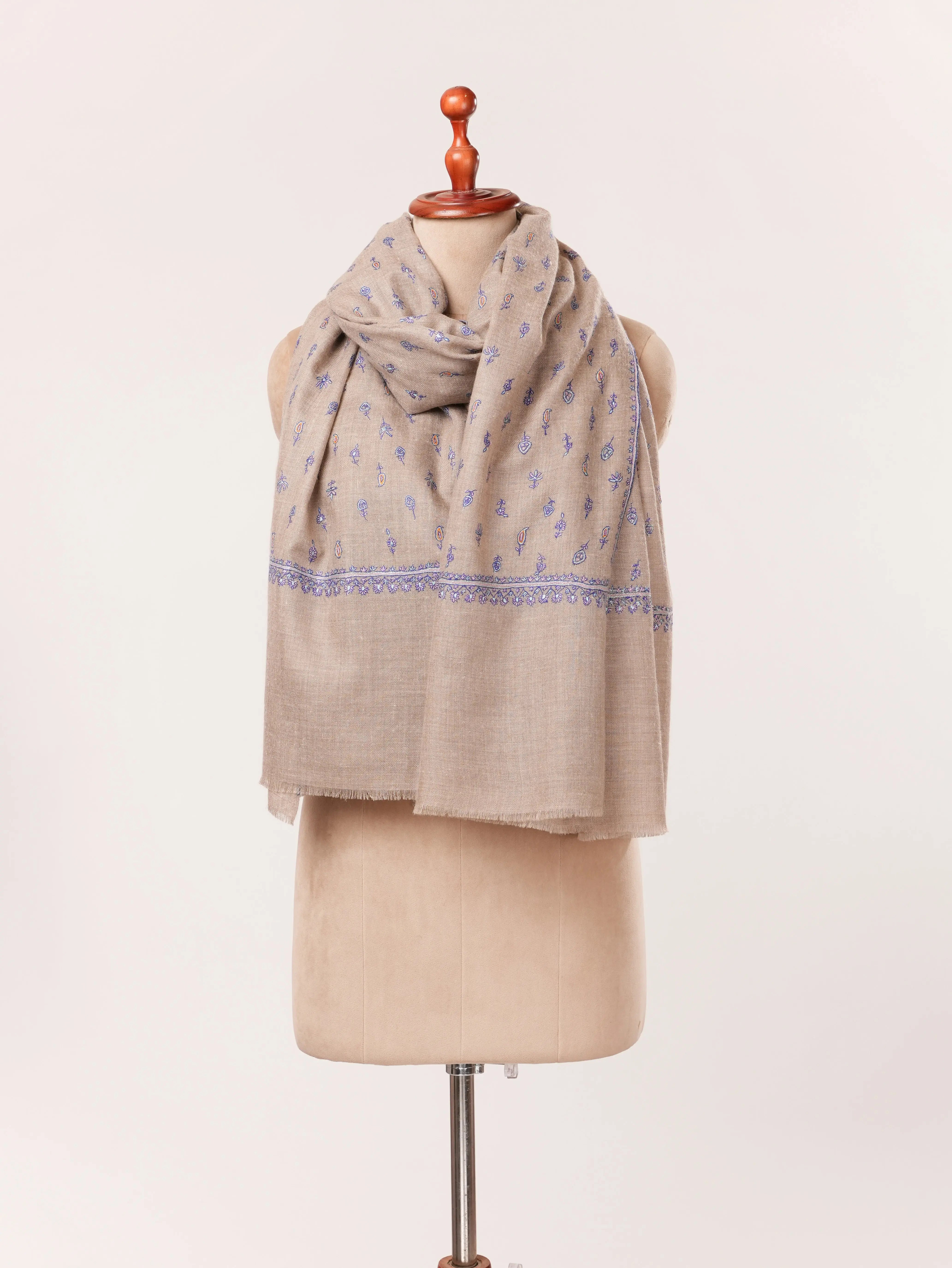 Natural Taupe Handwoven Pashmina Shawl with Kashmiri Hand Sozni Buteh Embroidery Shahkaar.com