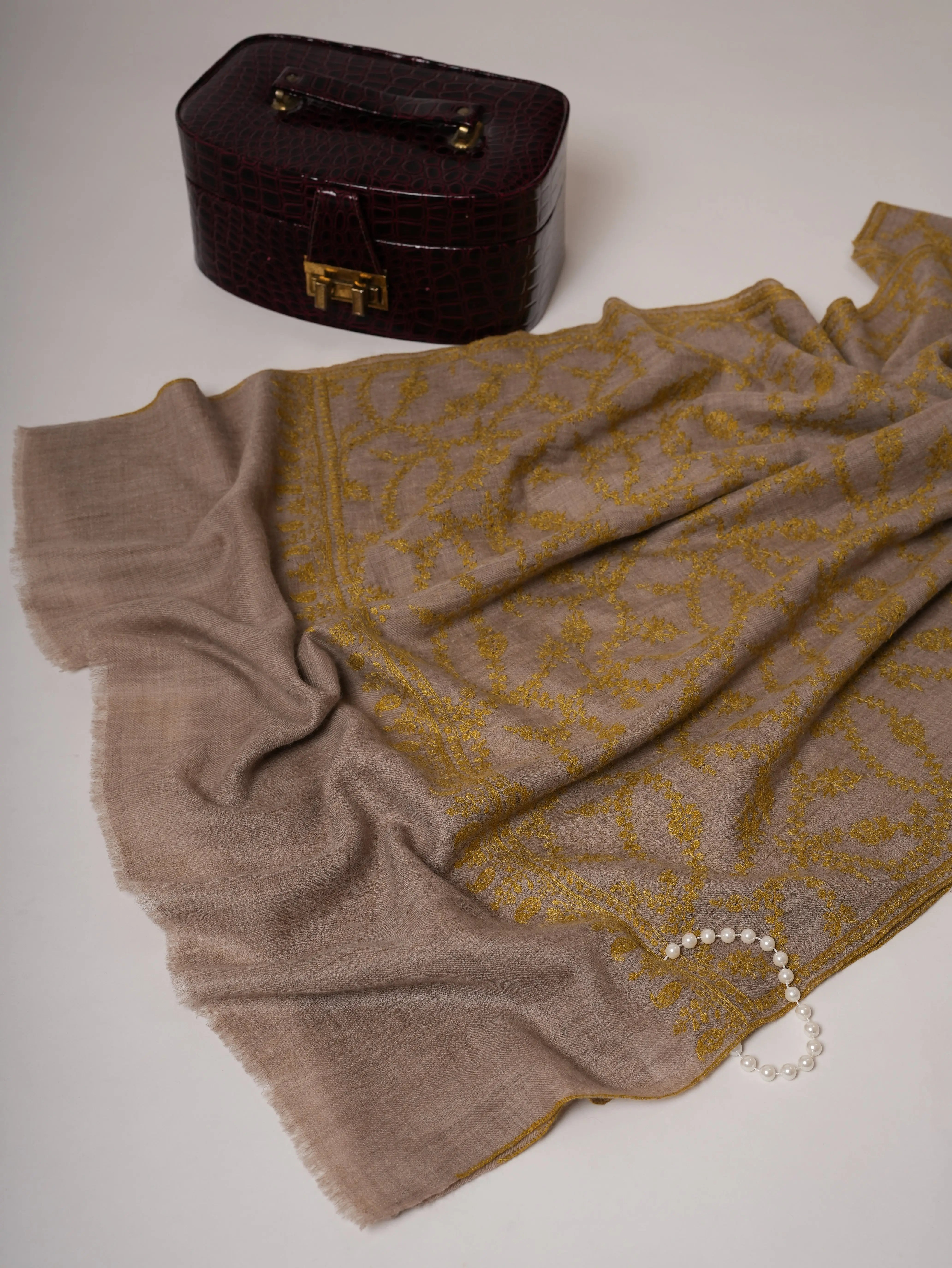 Natural Grey Cashmere Scarf with All-Over Olive Sozni Embroidery Shahkaar