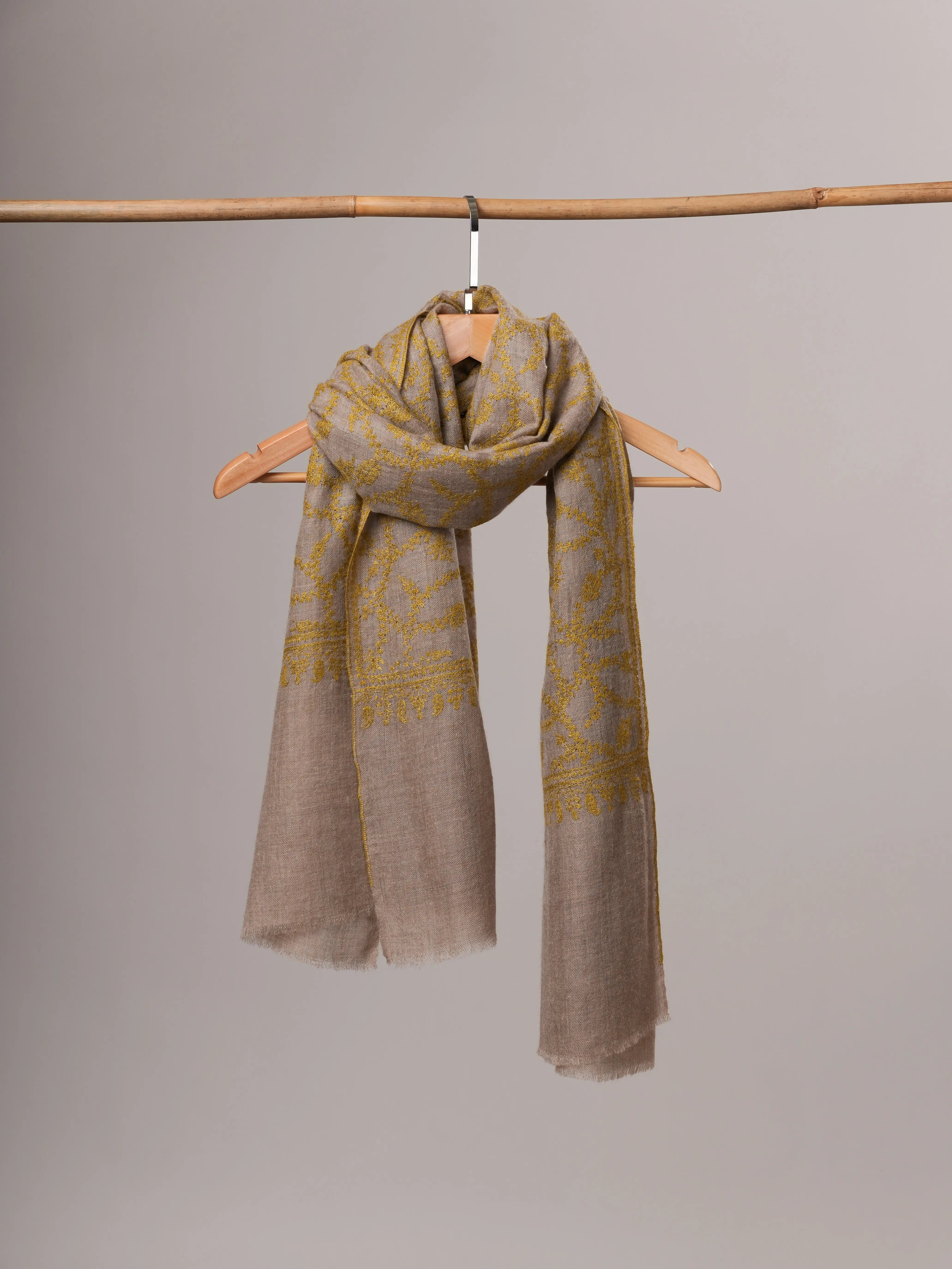 Natural Grey Cashmere Scarf with All-Over Olive Sozni Embroidery Shahkaar
