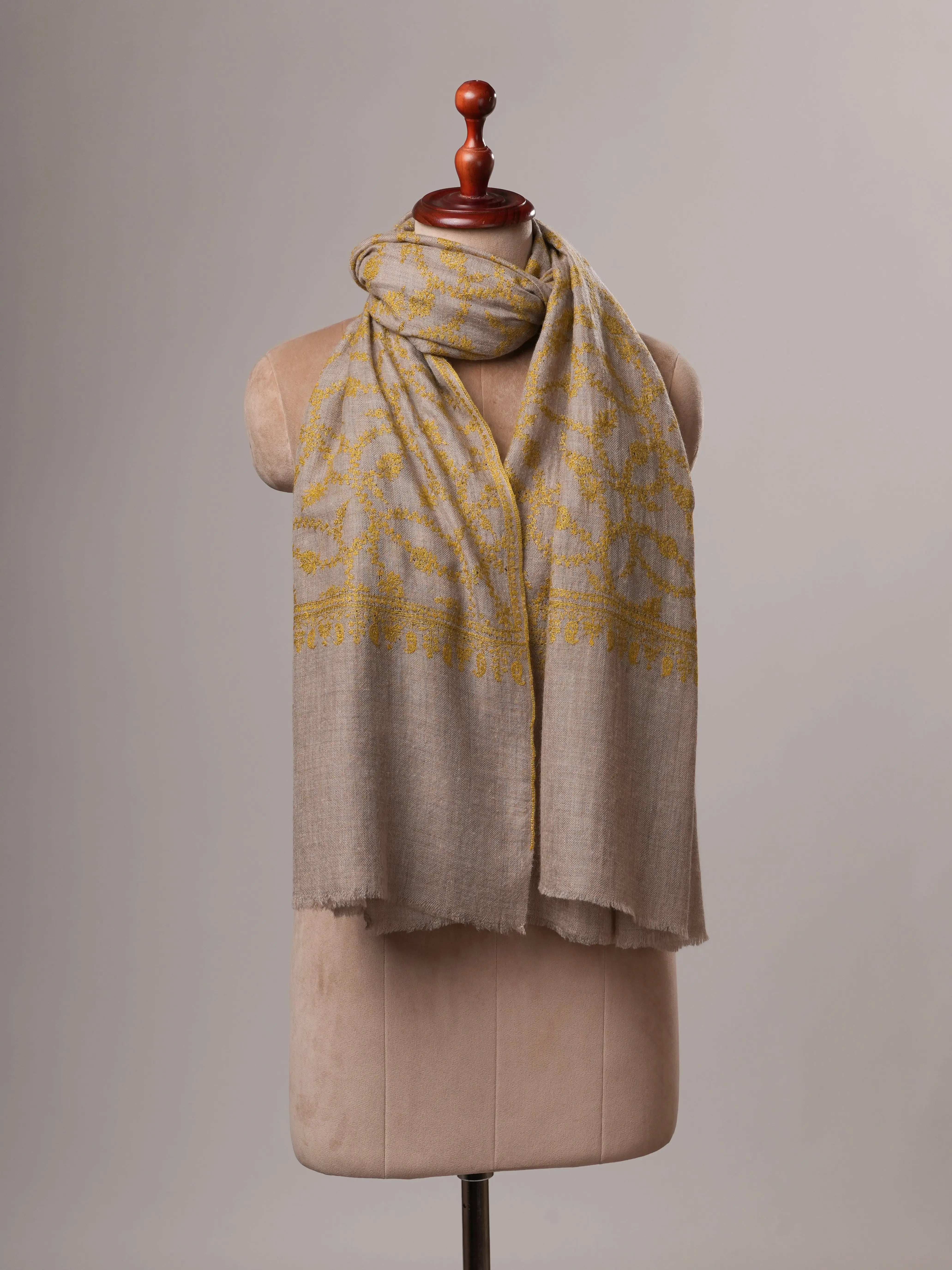 Natural Grey Cashmere Scarf with All-Over Olive Sozni Embroidery Shahkaar