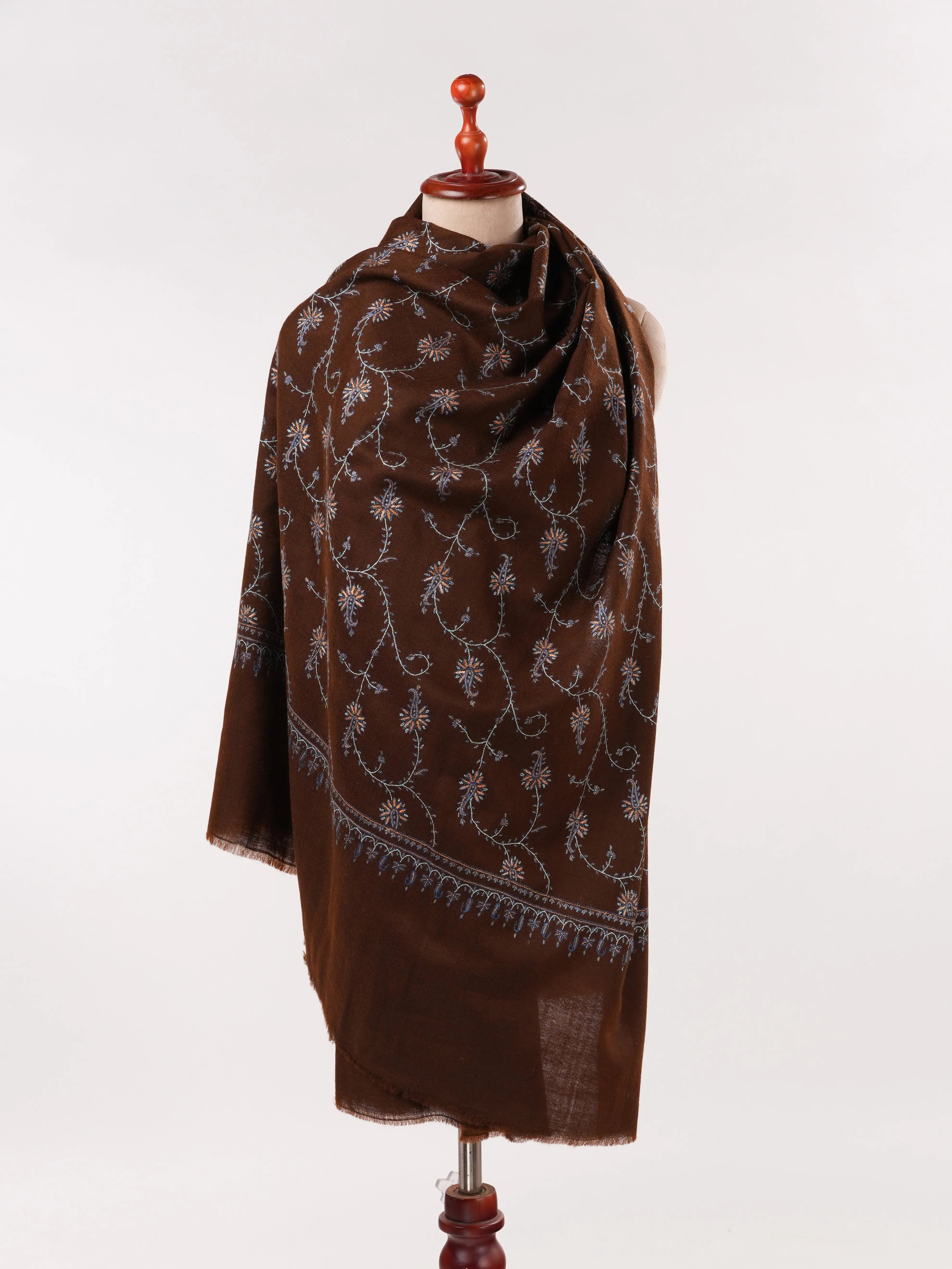 Chocolate Brown Shawl in Handwoven Soft Pashmina with Hand Sozni Jali Embroidery Shahkaar.com