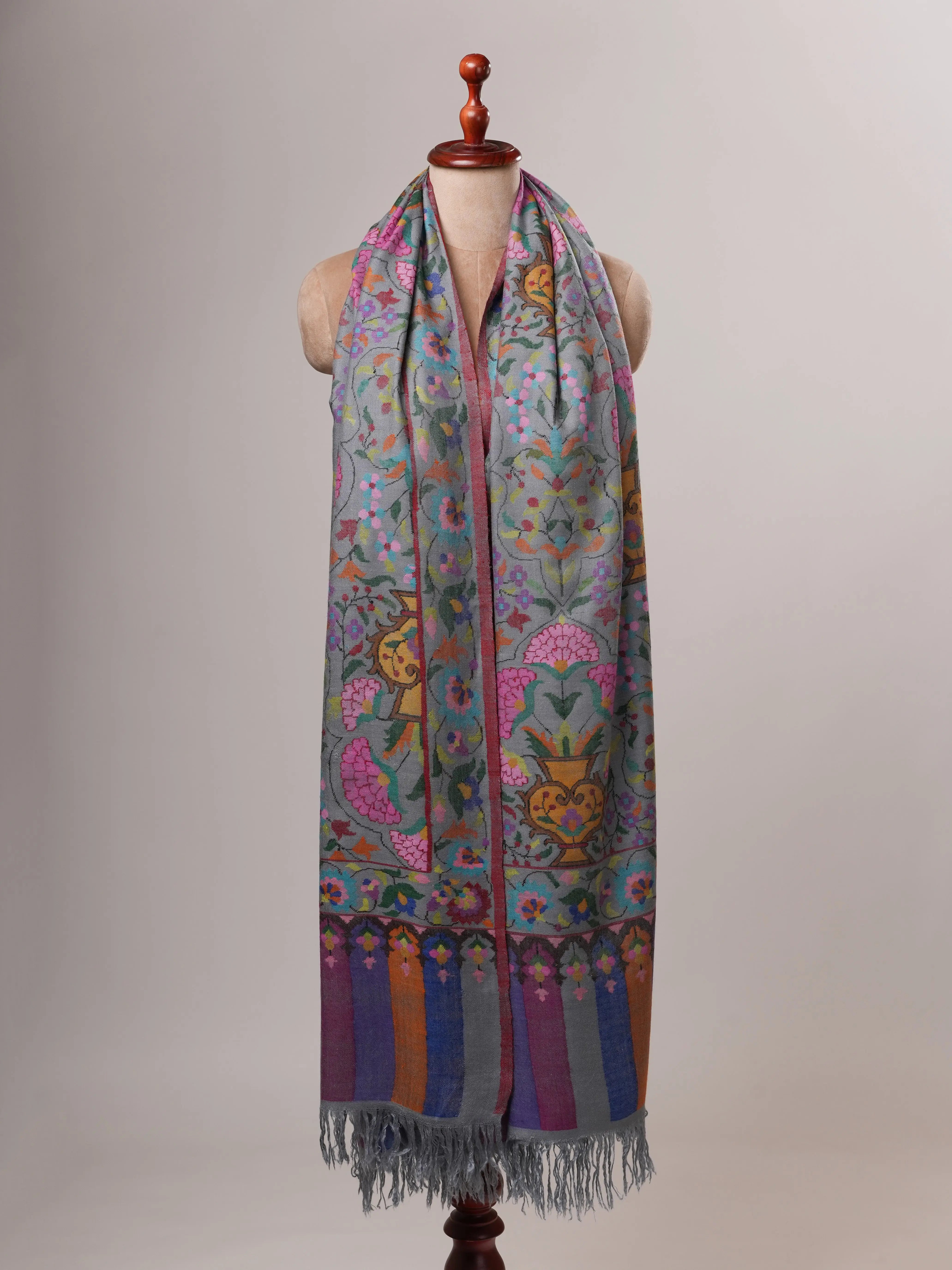 Steel Grey Handloomed Soft Kani Pashmina Shawl with Floral Motifs Shahkaar