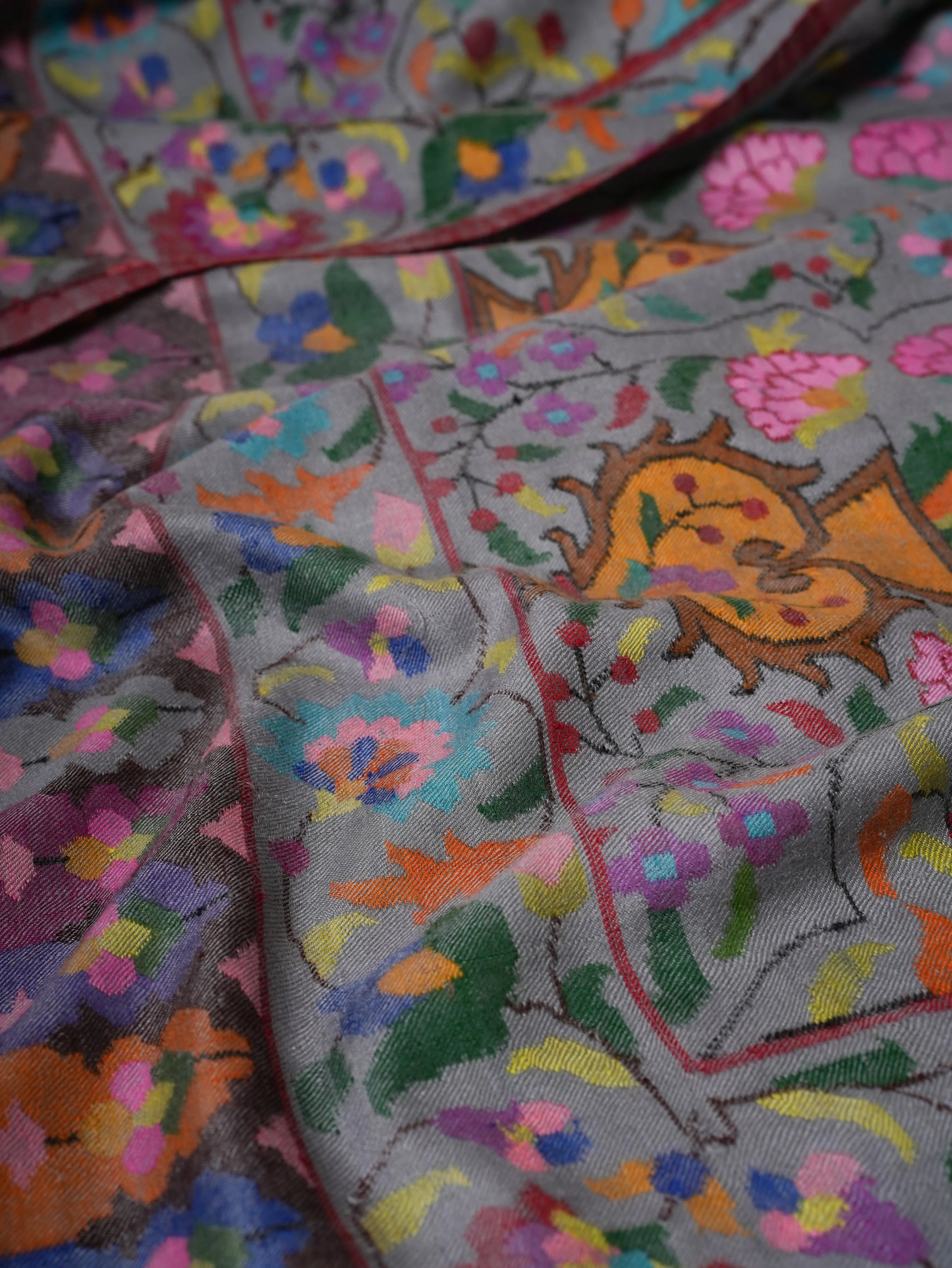 Steel Grey Handloomed Soft Kani Pashmina Shawl with Floral Motifs Shahkaar
