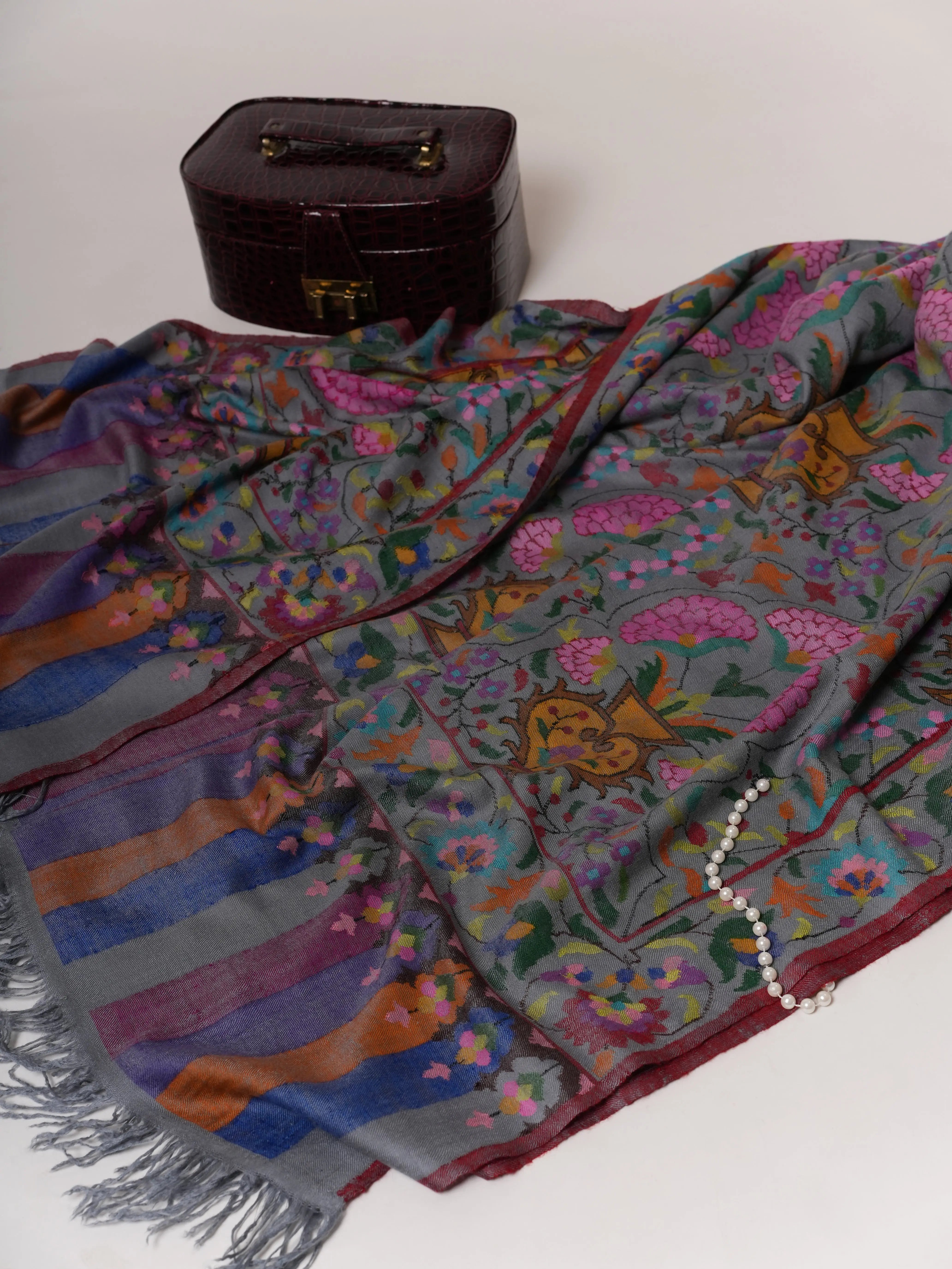 Steel Grey Handloomed Soft Kani Pashmina Shawl with Floral Motifs Shahkaar