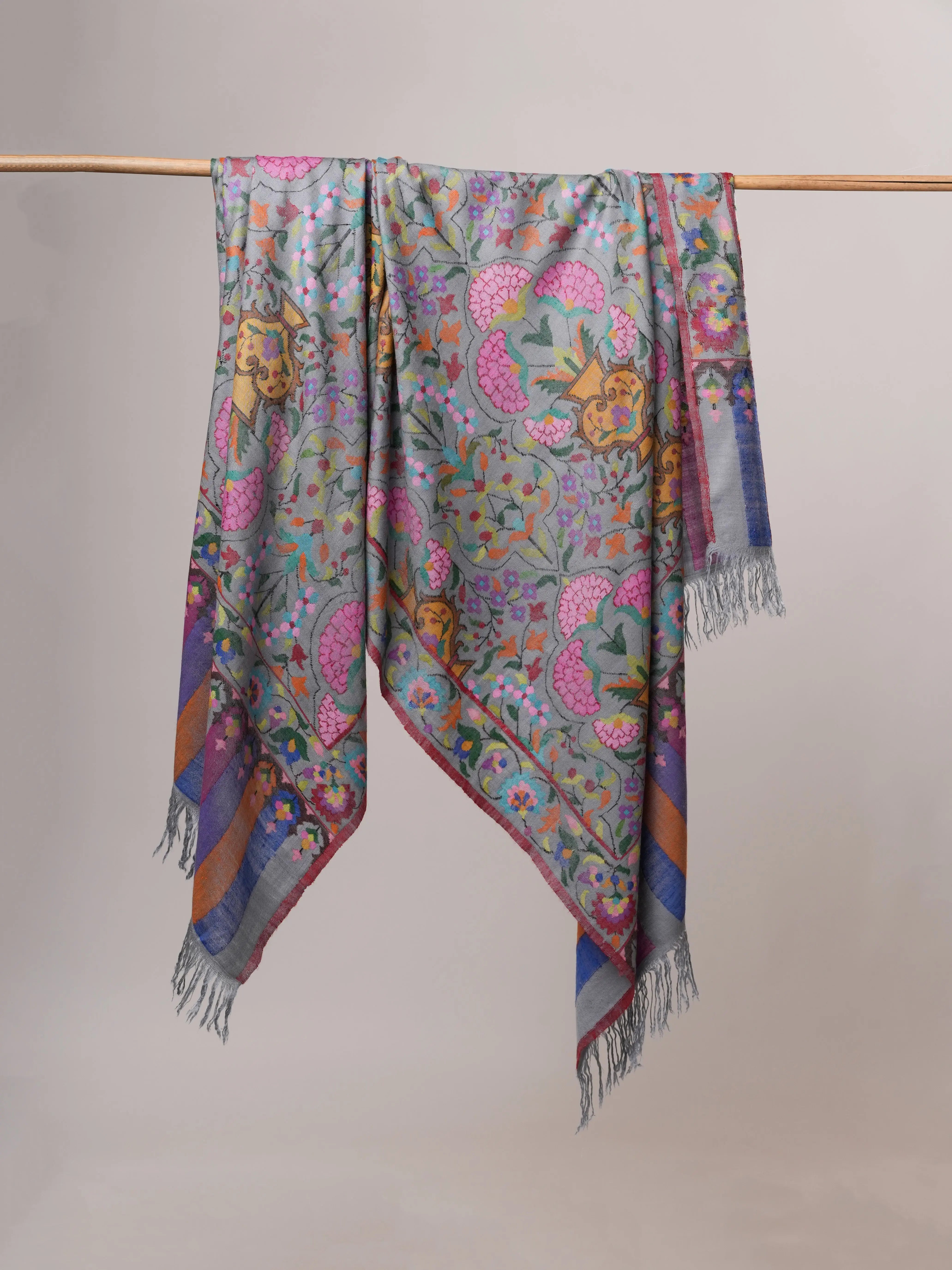 Steel Grey Handloomed Soft Kani Pashmina Shawl with Floral Motifs Shahkaar