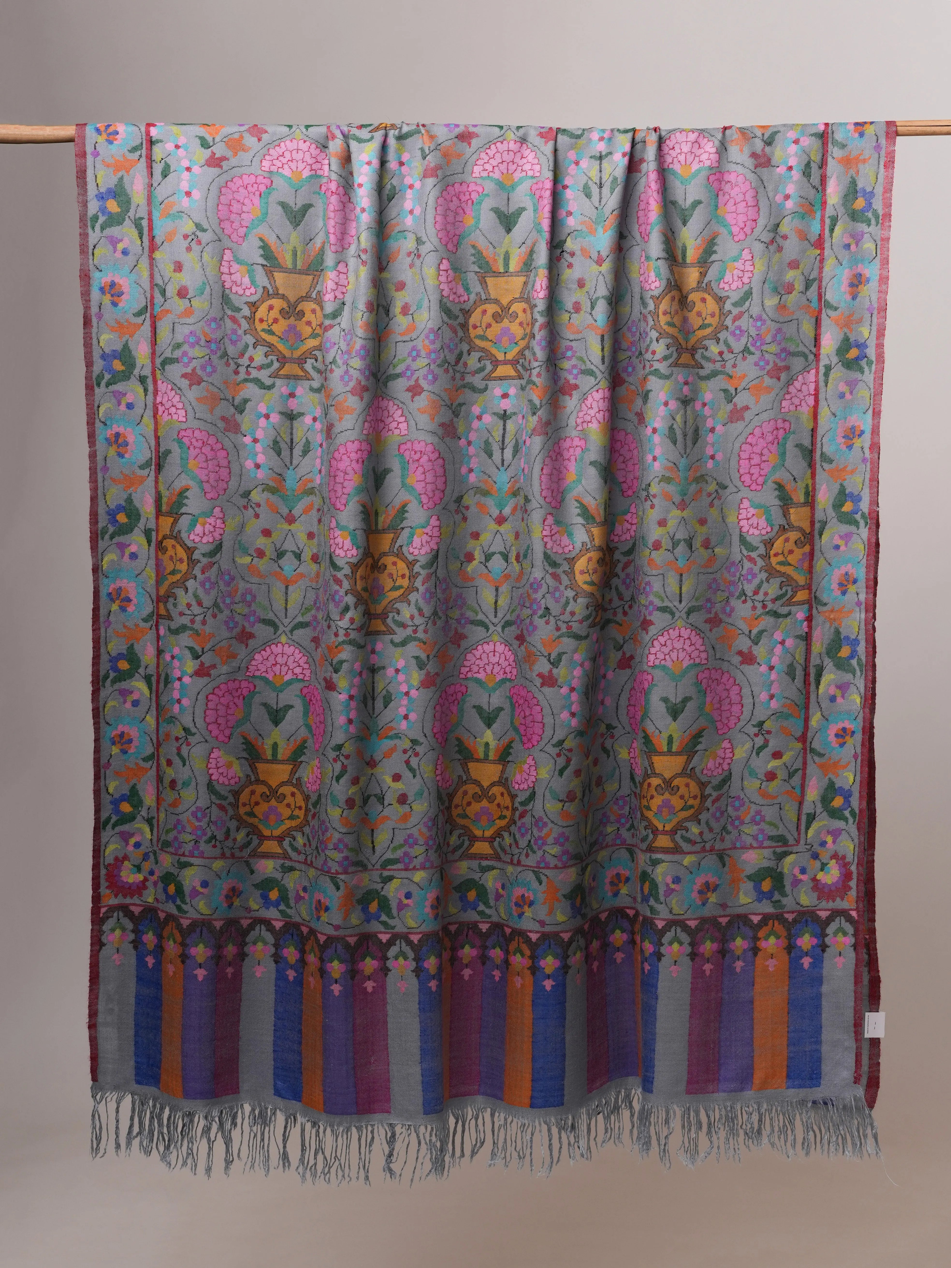 Steel Grey Handloomed Soft Kani Pashmina Shawl with Floral Motifs Shahkaar