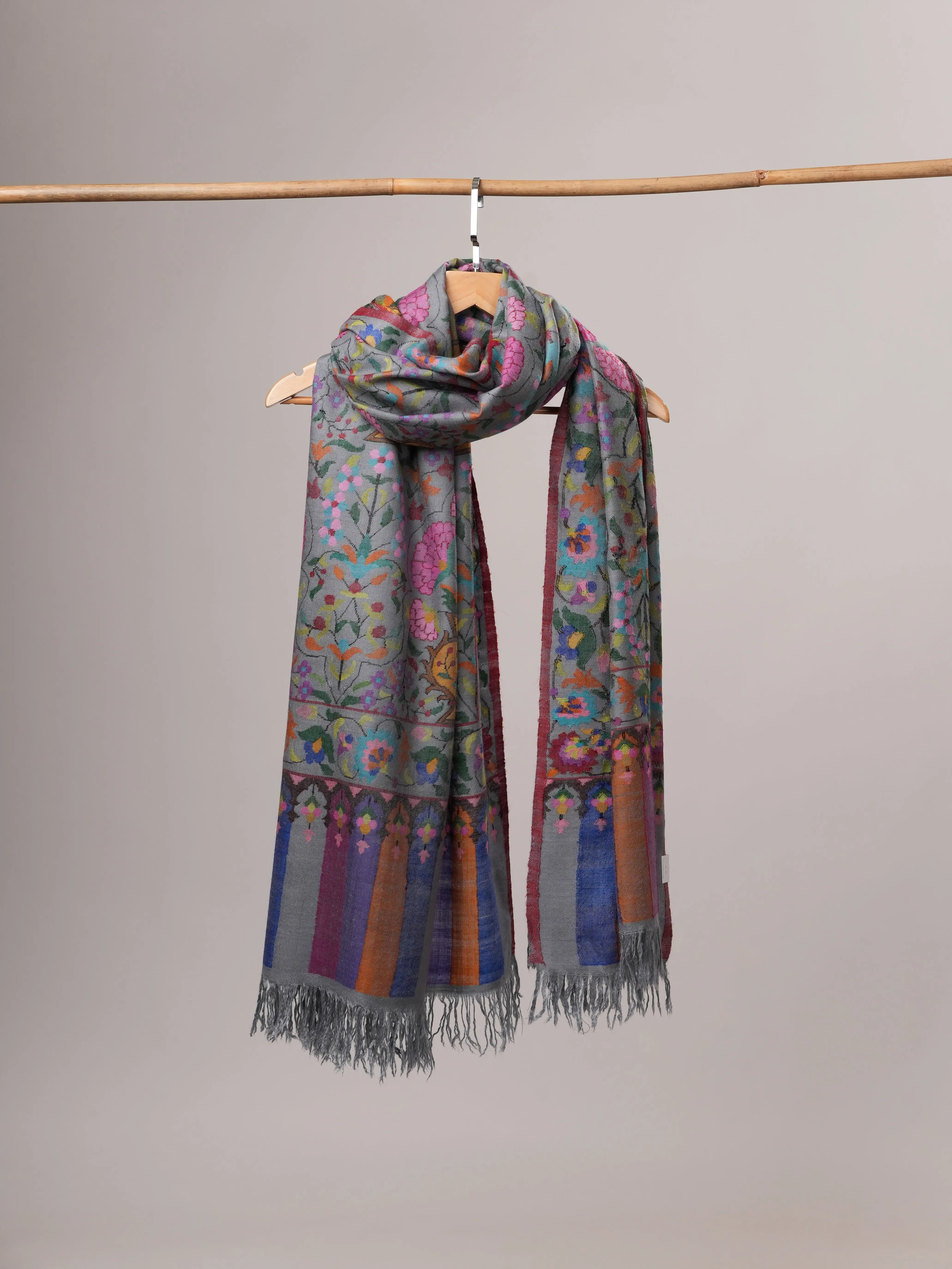 Steel Grey Handloomed Soft Kani Pashmina Shawl with Floral Motifs Shahkaar