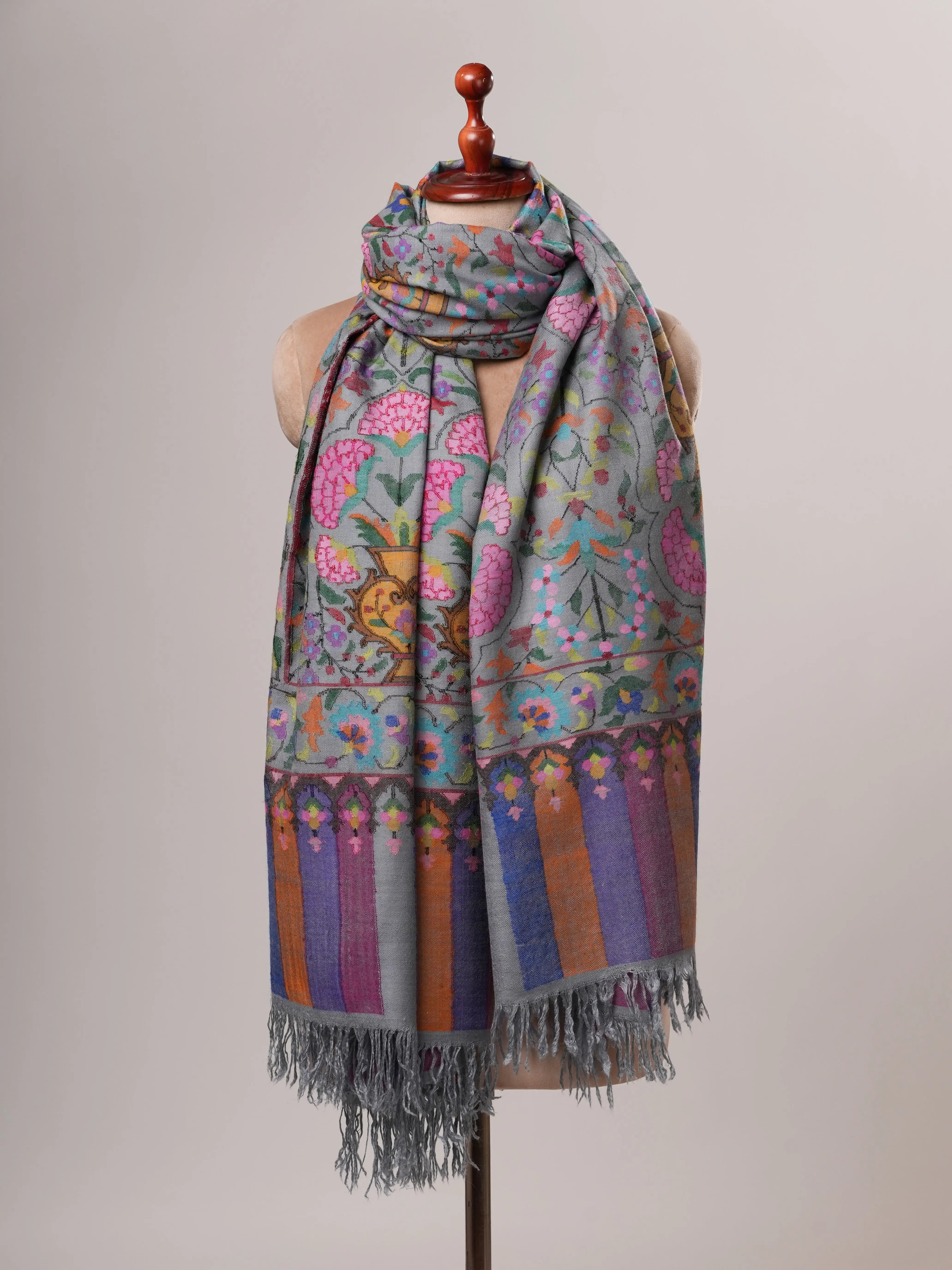 Steel Grey Handloomed Soft Kani Pashmina Shawl with Floral Motifs Shahkaar
