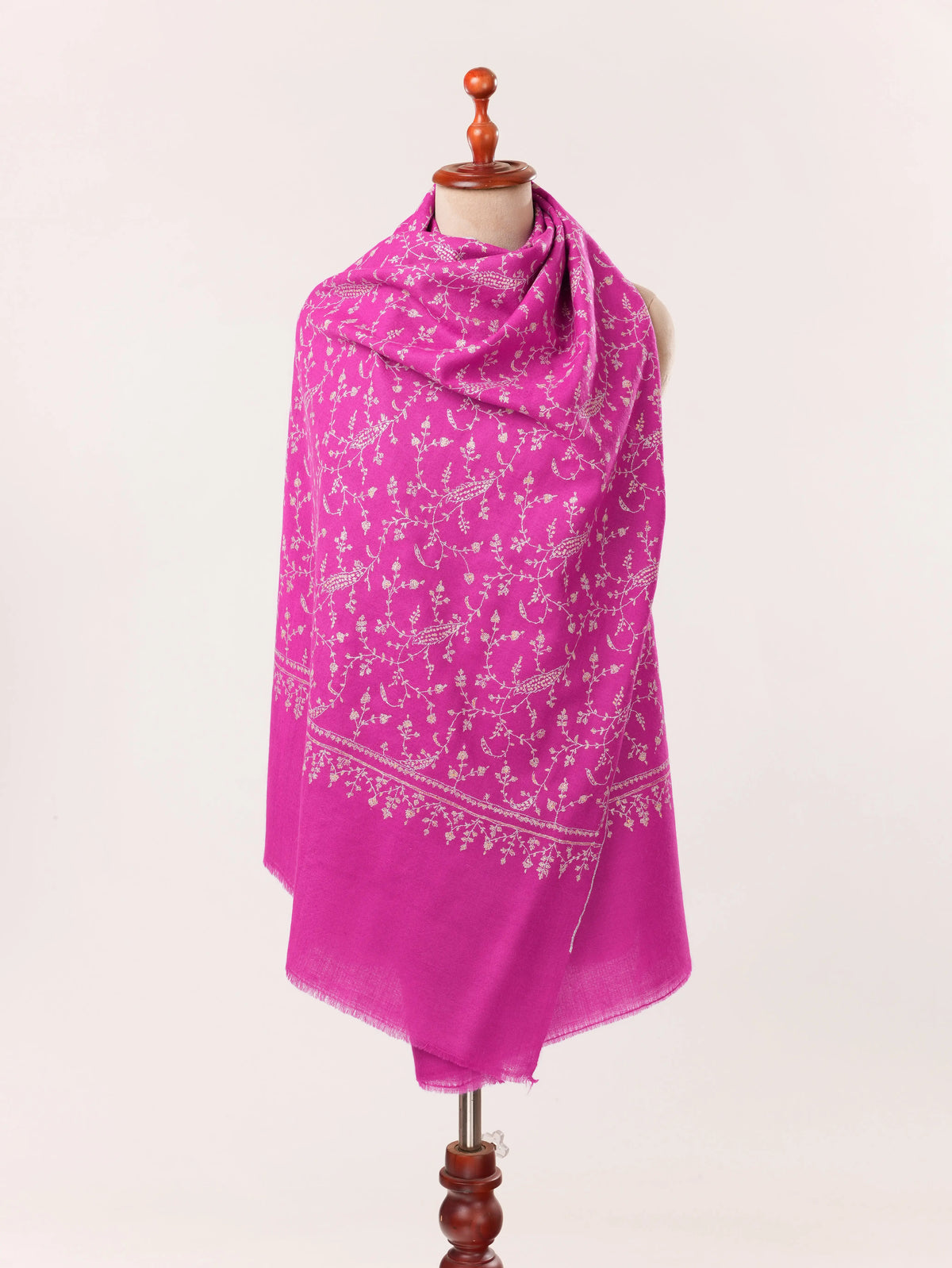 Handmade Rani Pink Cashmere Scarf with Jali Sozni Embroidery Shahkaar.com