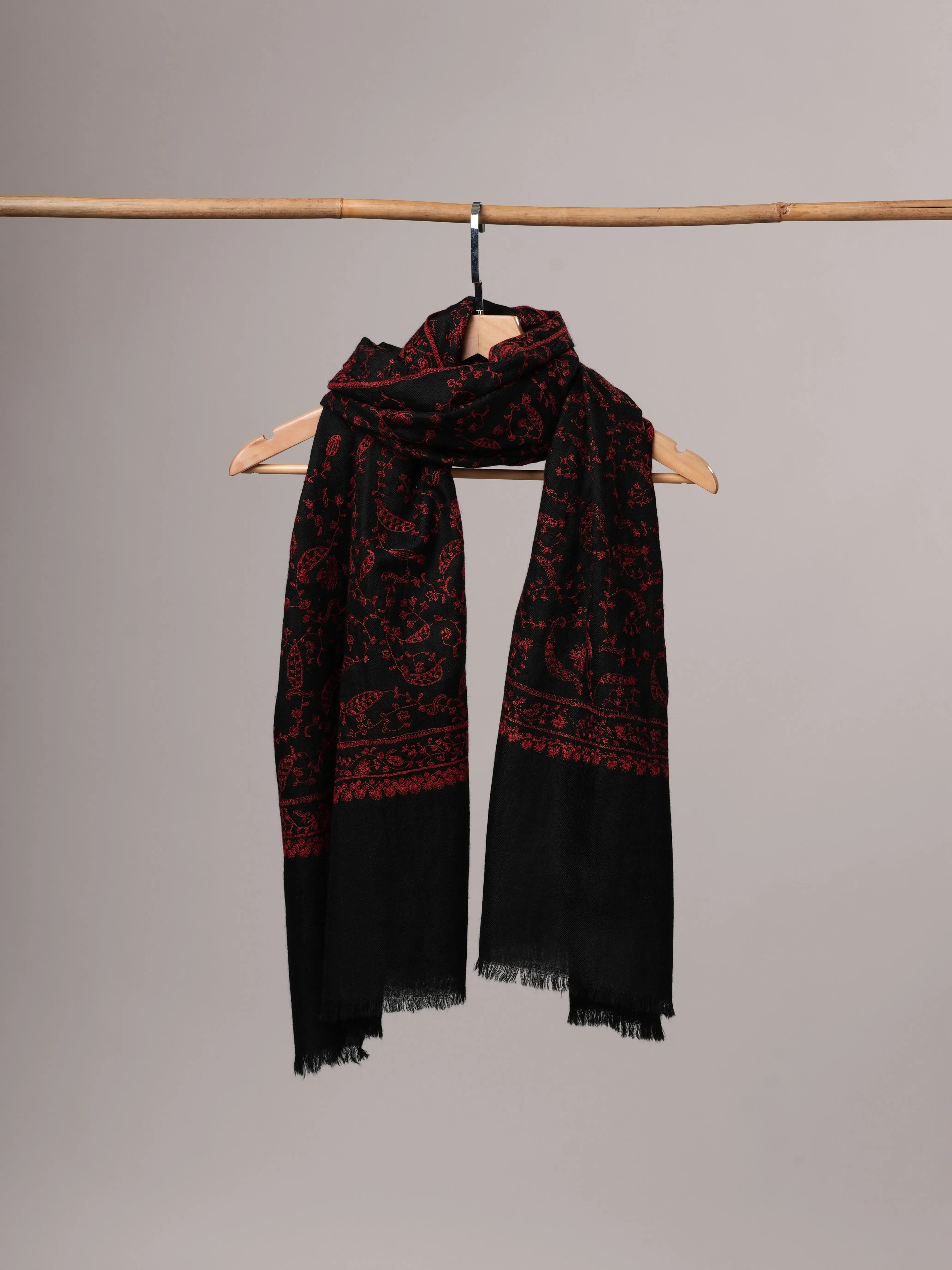 Black Baby Soft Cashmere Scarf with Red All Over Jali Embroidery Shahkaar