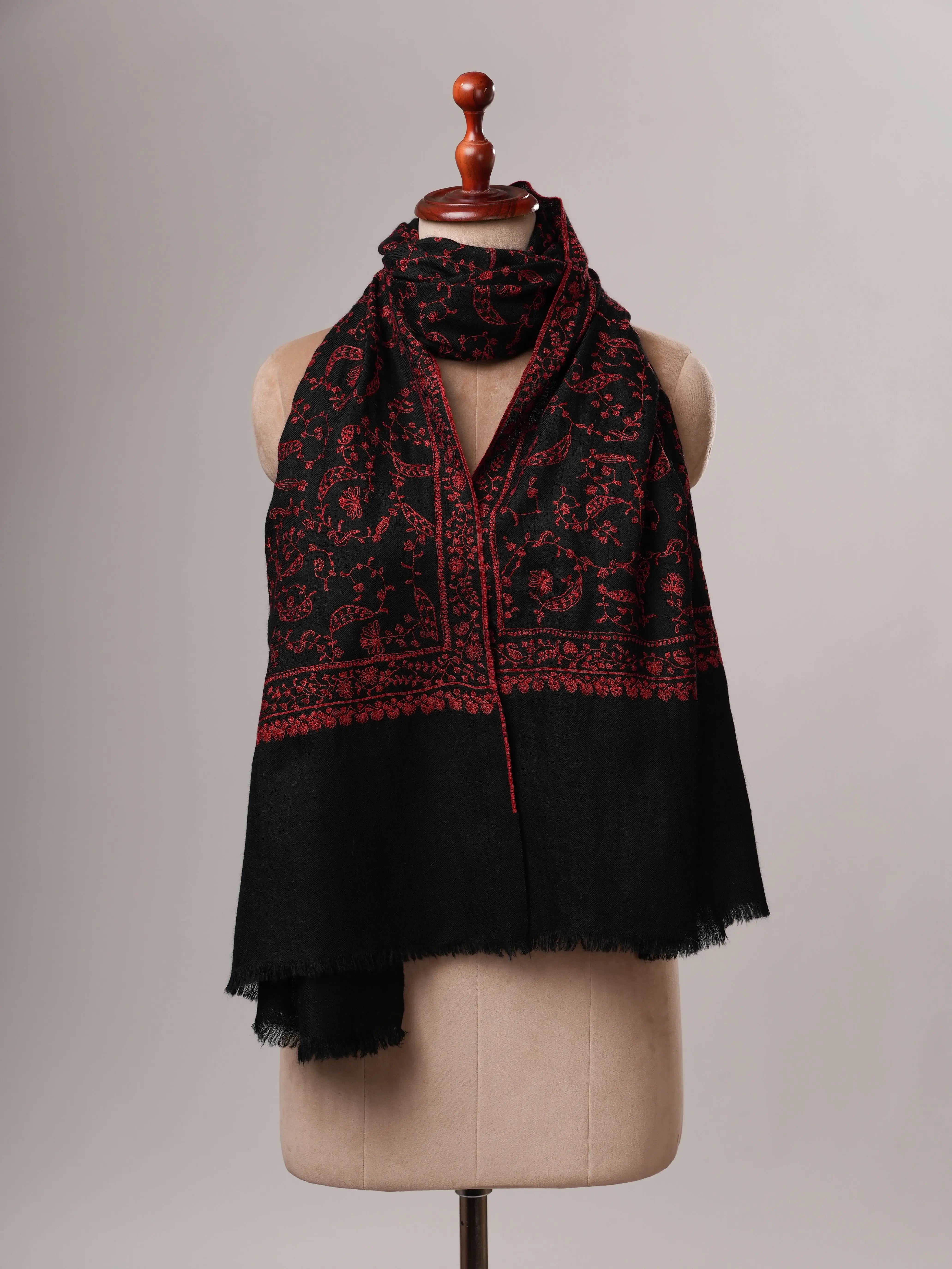 Black Baby Soft Cashmere Scarf with Red All Over Jali Embroidery Shahkaar