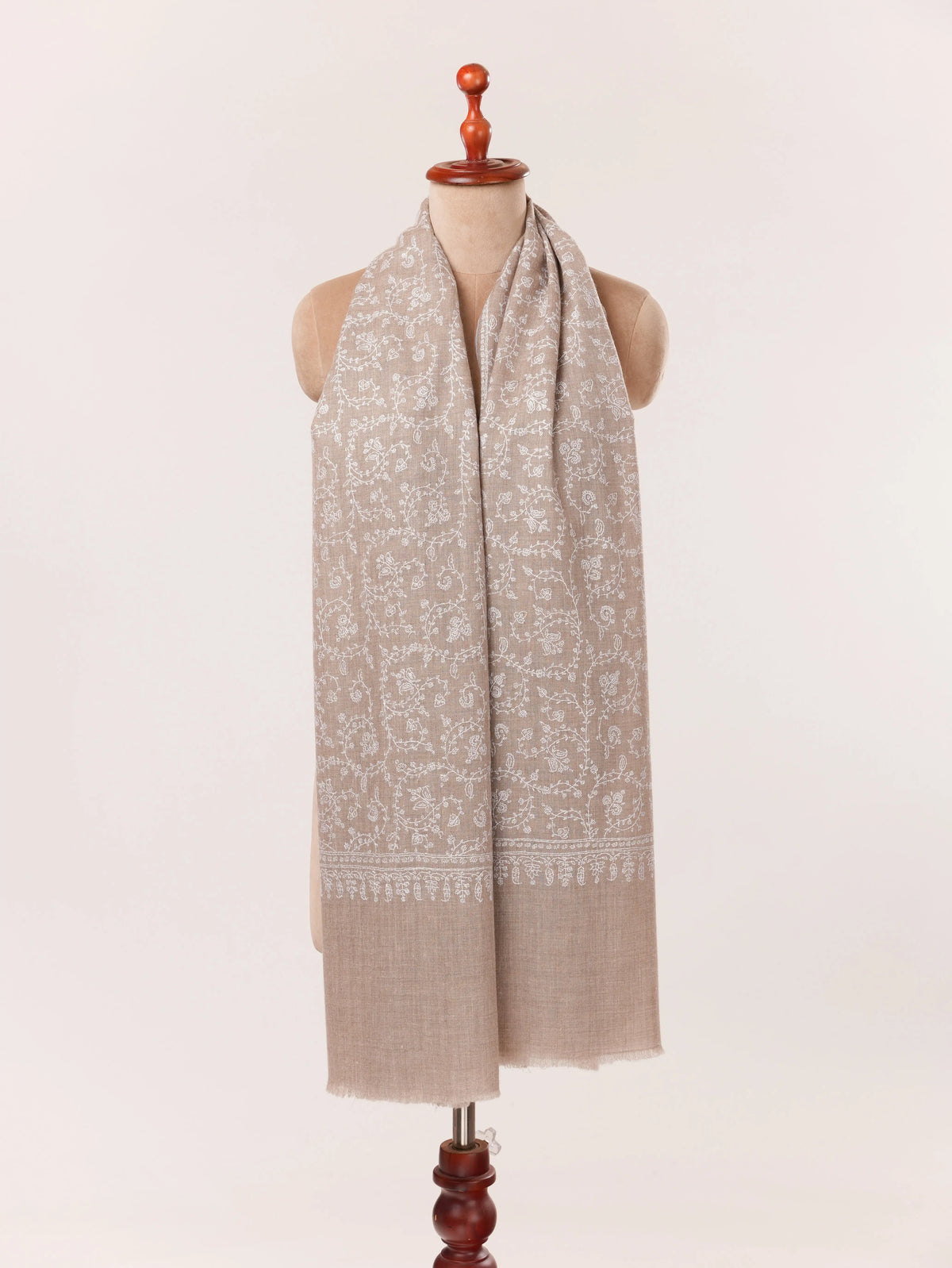 Kashmiri Natural Taupe Handwoven Shawl with Hand White Sozni hand Work in Jali Shahkaar.com
