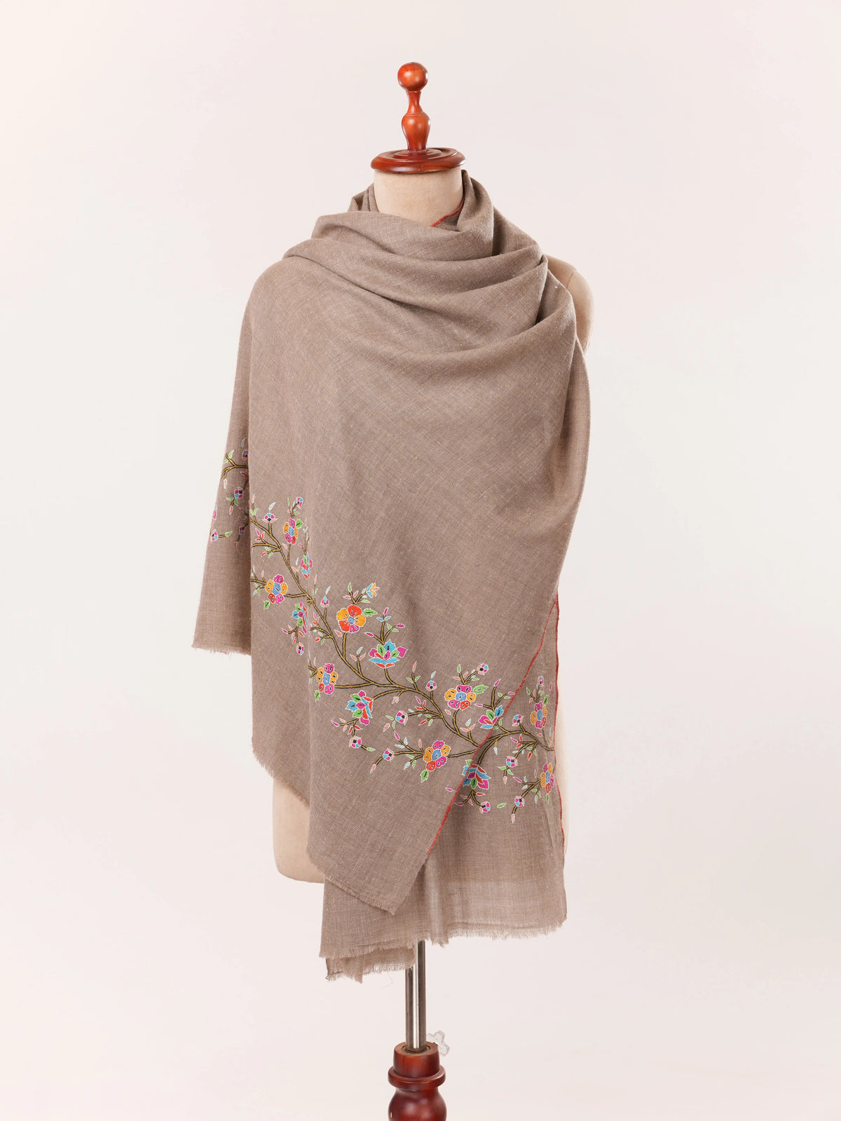 Floral Palldar Natural Dark Taupe Handwoven Cashmere Scarf with Sozni Embroidery Shahkaar.com