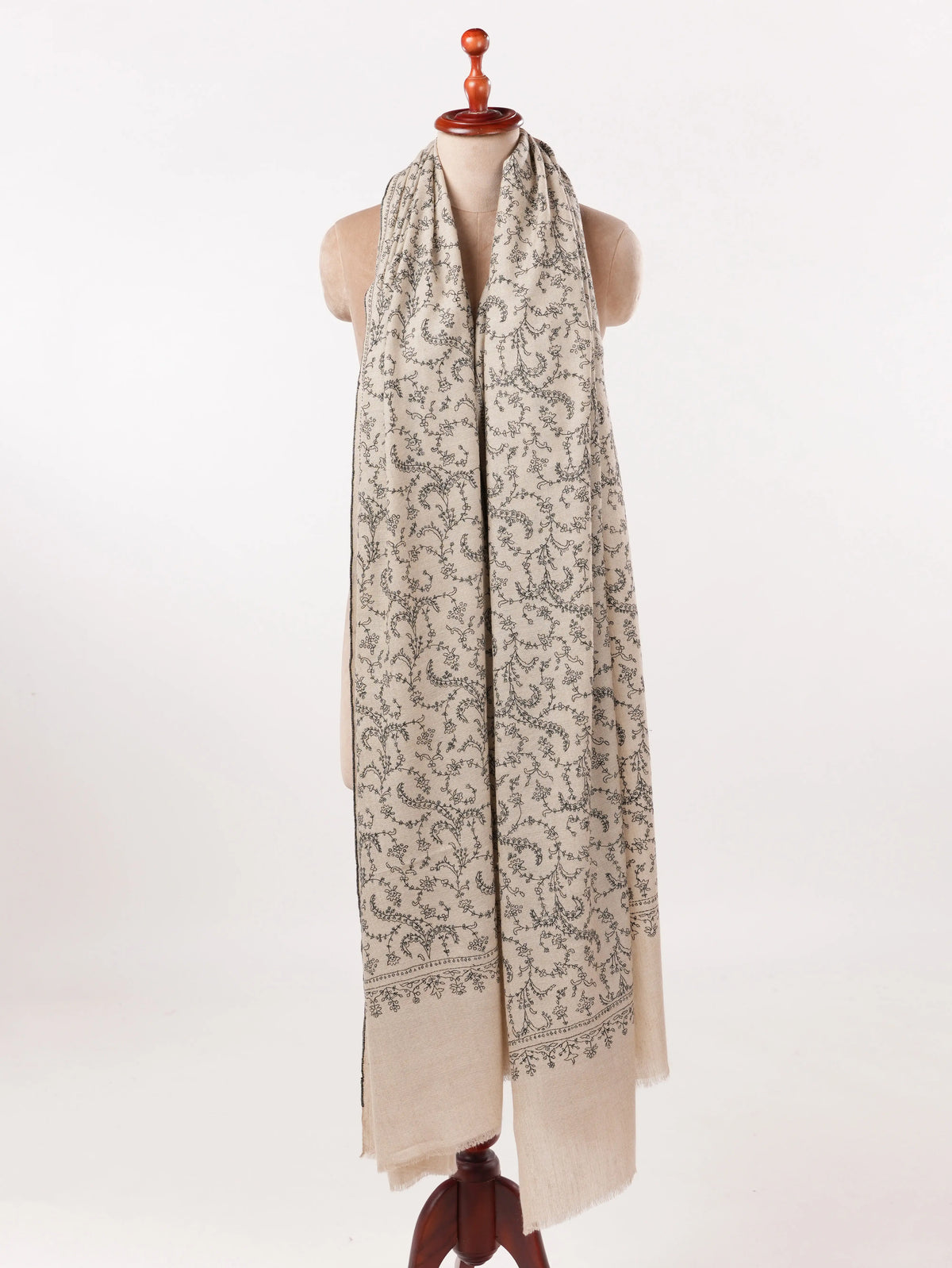 Natural Taupe Oversized Handwoven Pure Pashmina Shawl with Jali Embroidery