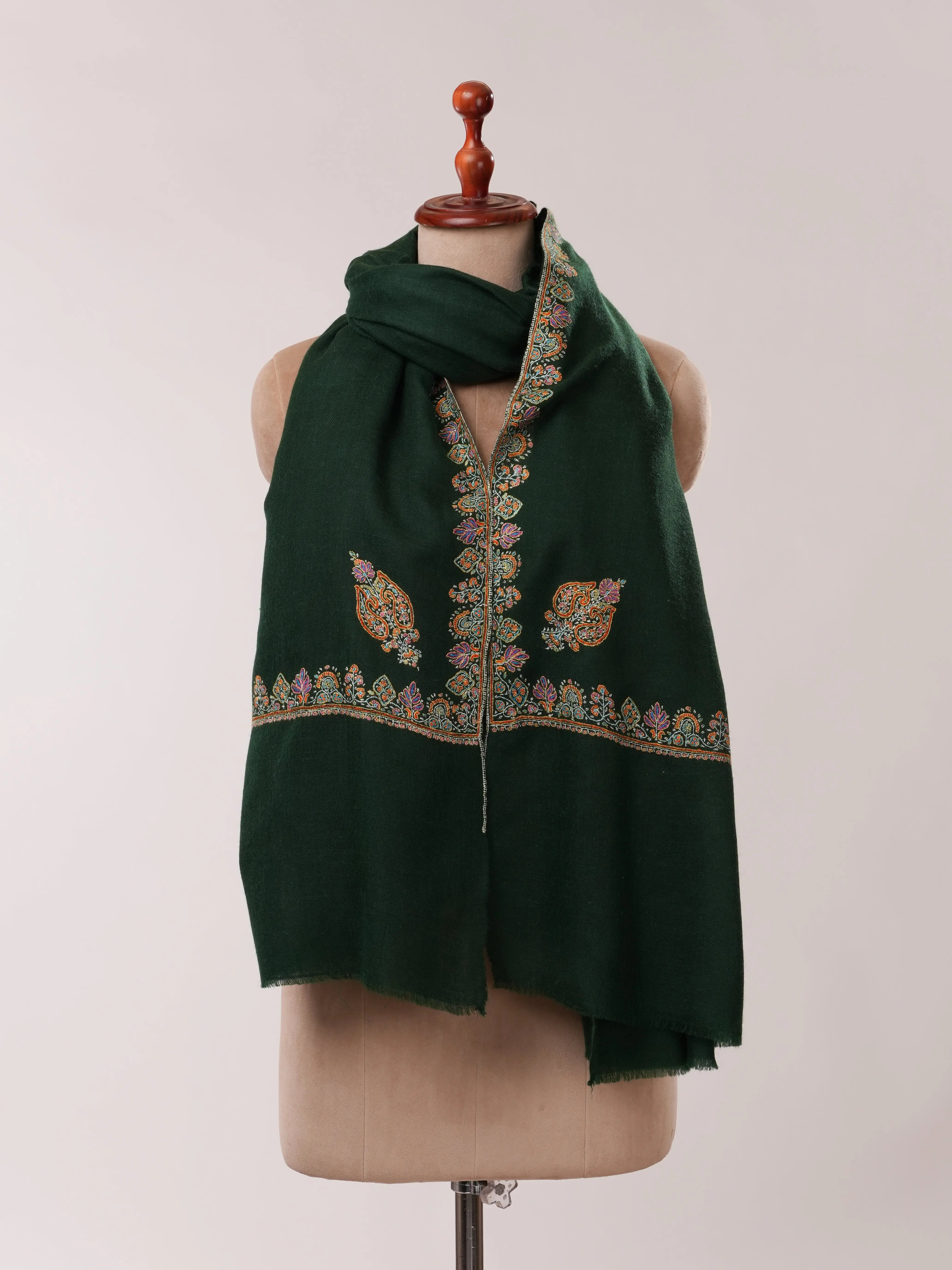Bottle Green Handwoven Pashmina Shawl with Hashia Hand Embroidery Shahkaar.com