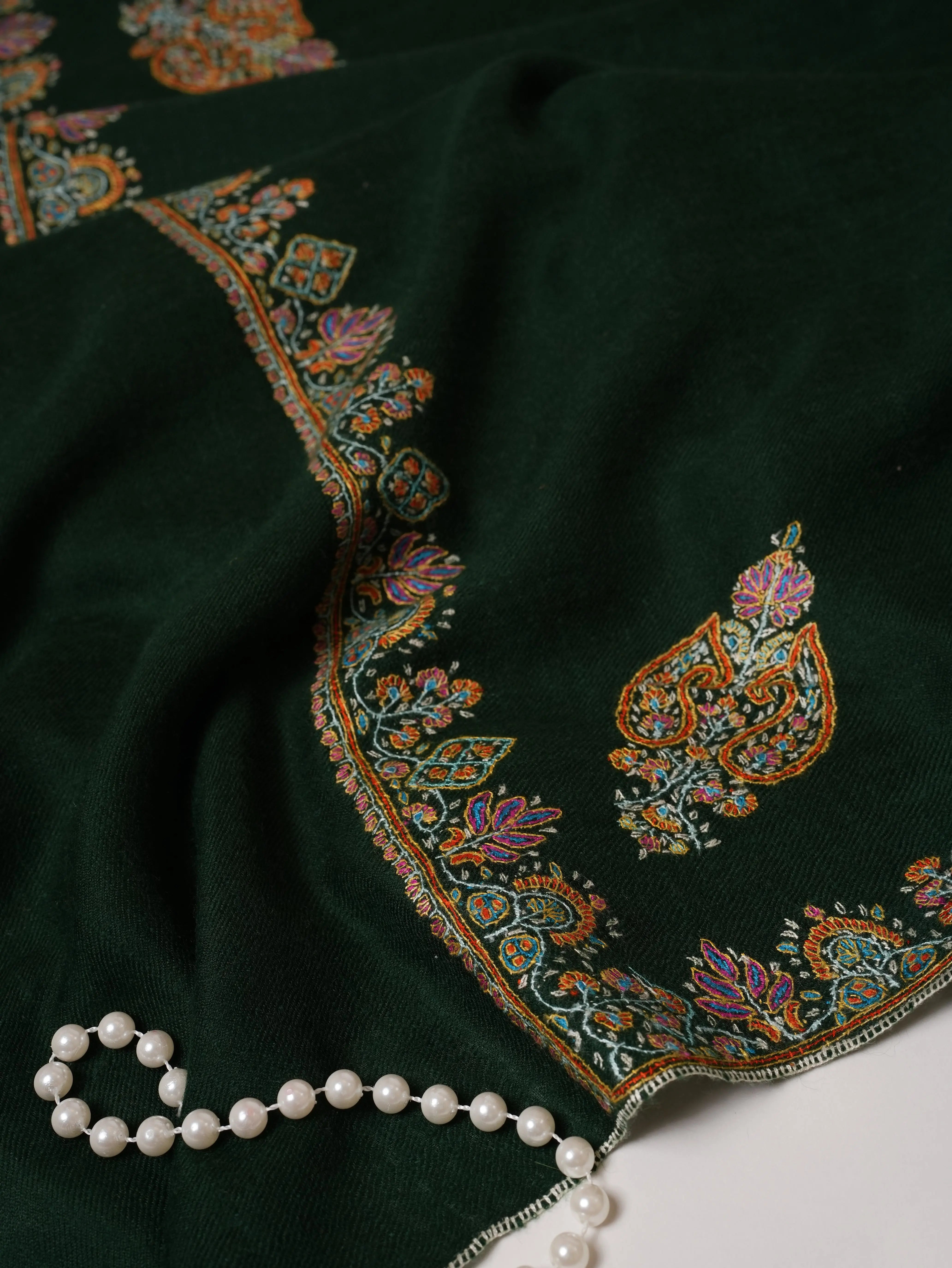 Bottle Green Handwoven Pashmina Shawl with Hashia Hand Embroidery Shahkaar.com