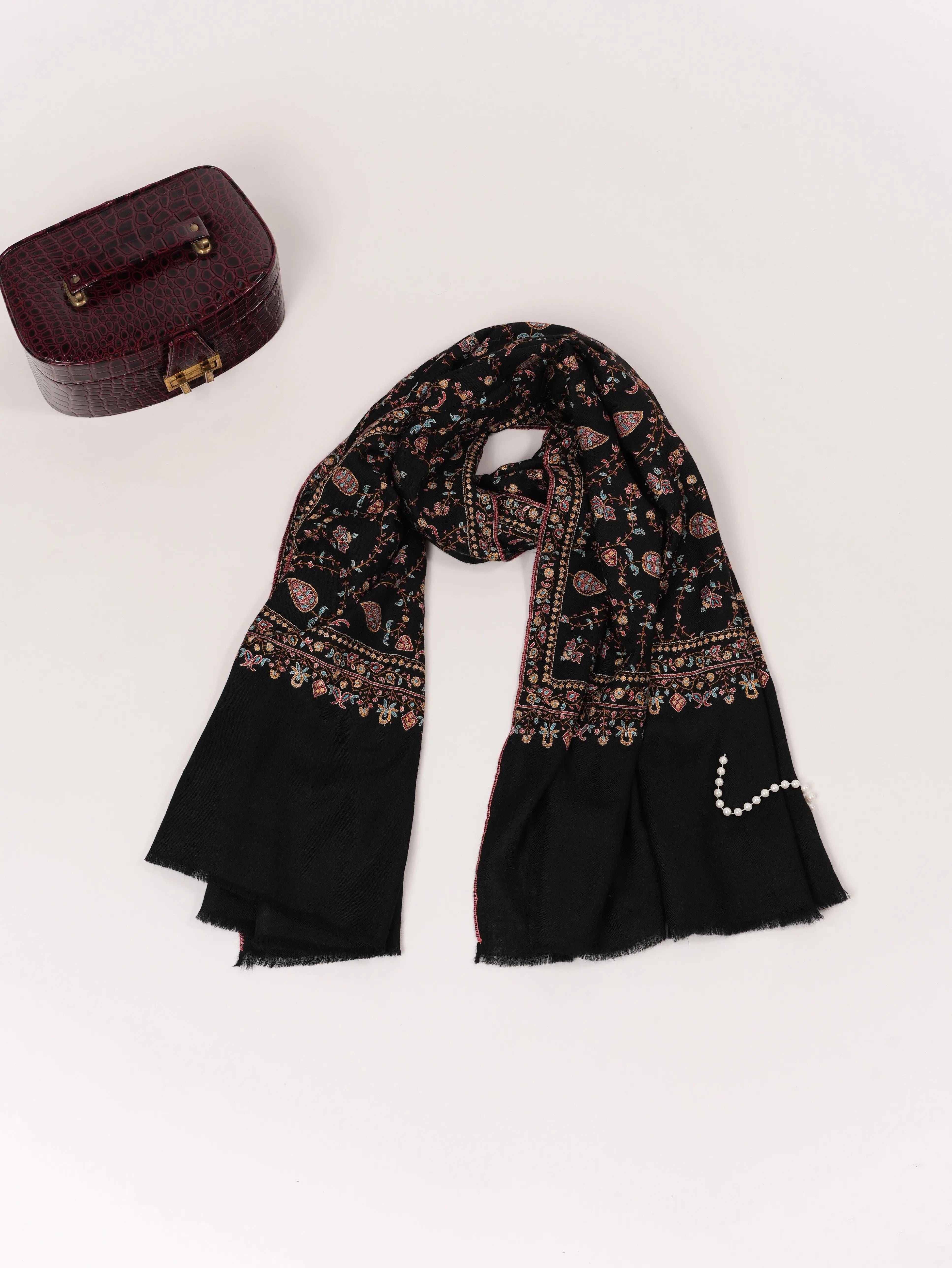 Kashmiri Handwoven Black Pashmina Shawl with Jali Hand Sozni Embroidery Shahkaar.com