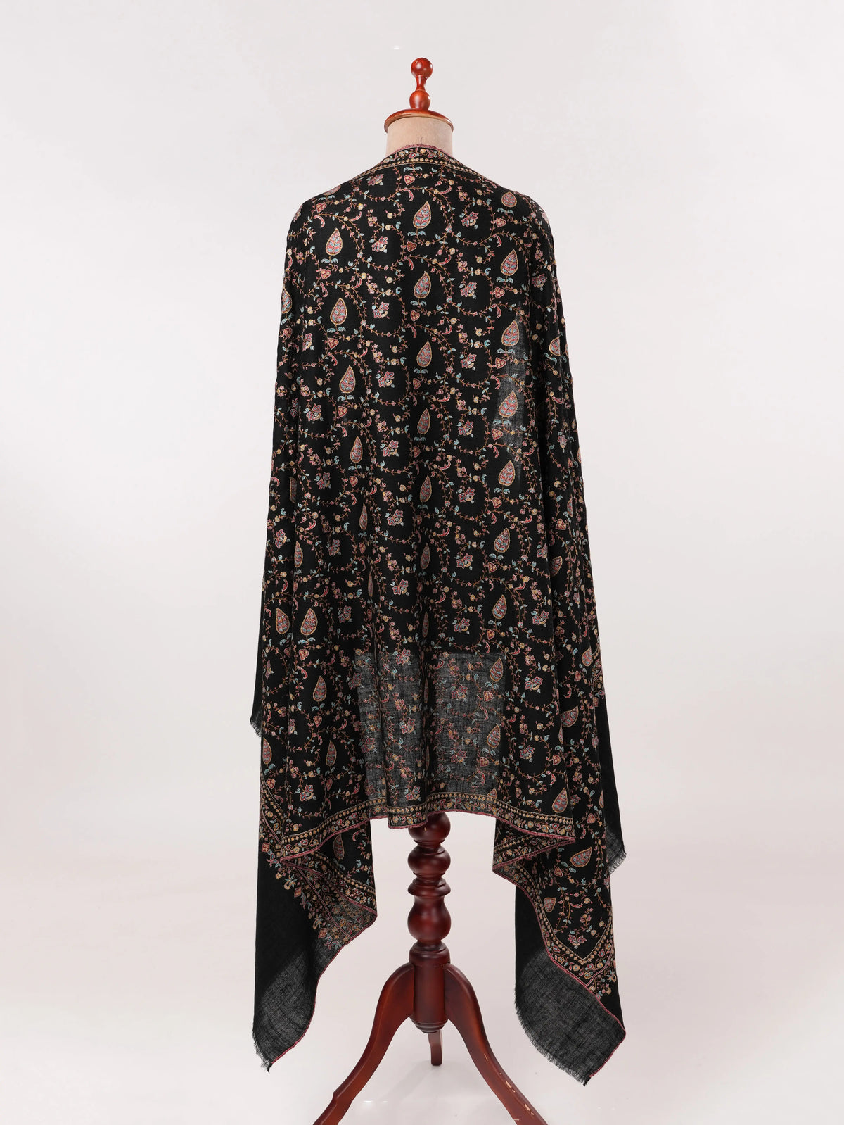 Kashmiri Handwoven Black Pashmina Shawl with Jali Hand Sozni Embroidery Shahkaar.com