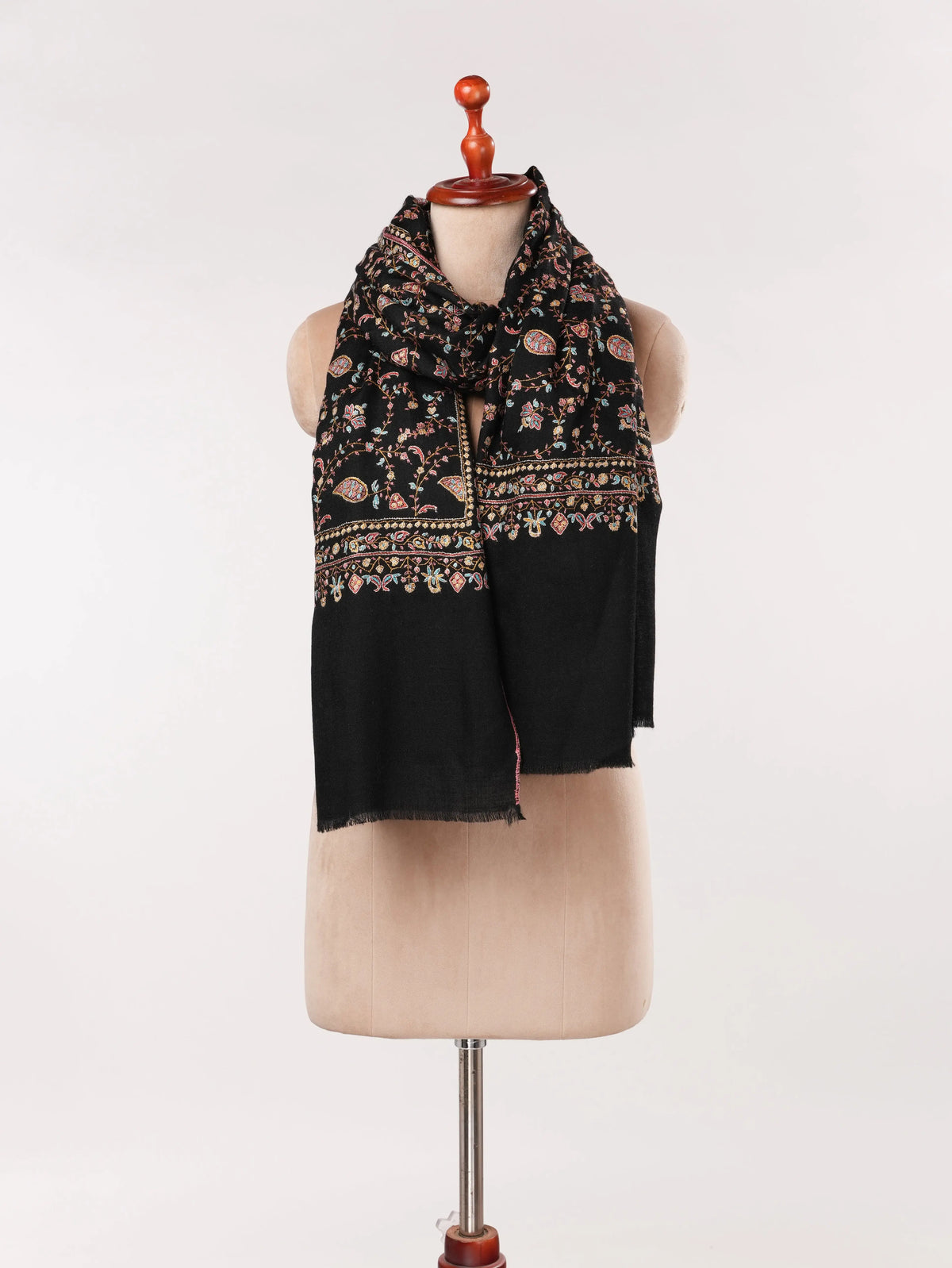 Kashmiri Handwoven Black Pashmina Shawl with Jali Hand Sozni Embroidery Shahkaar.com