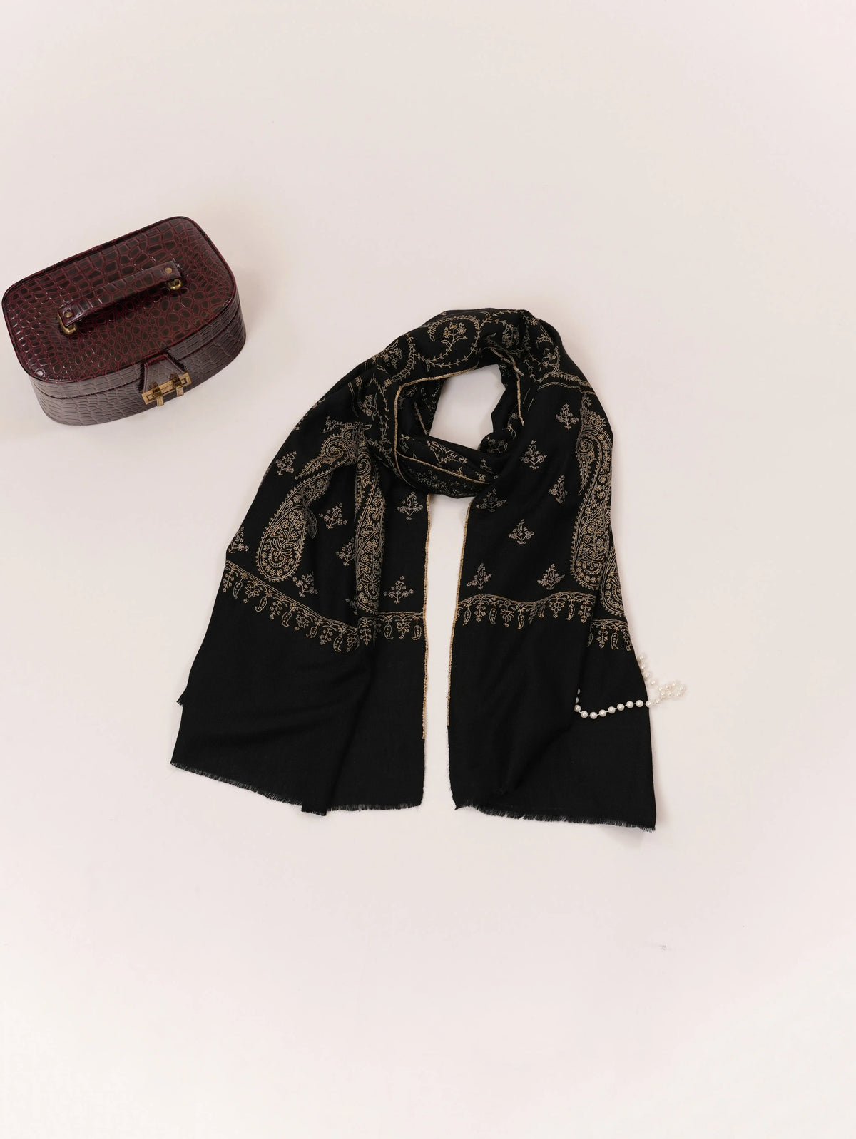 Handwoven Black Cashmere Scarf with Jali Sozni from Kashmir Shahkaar.com