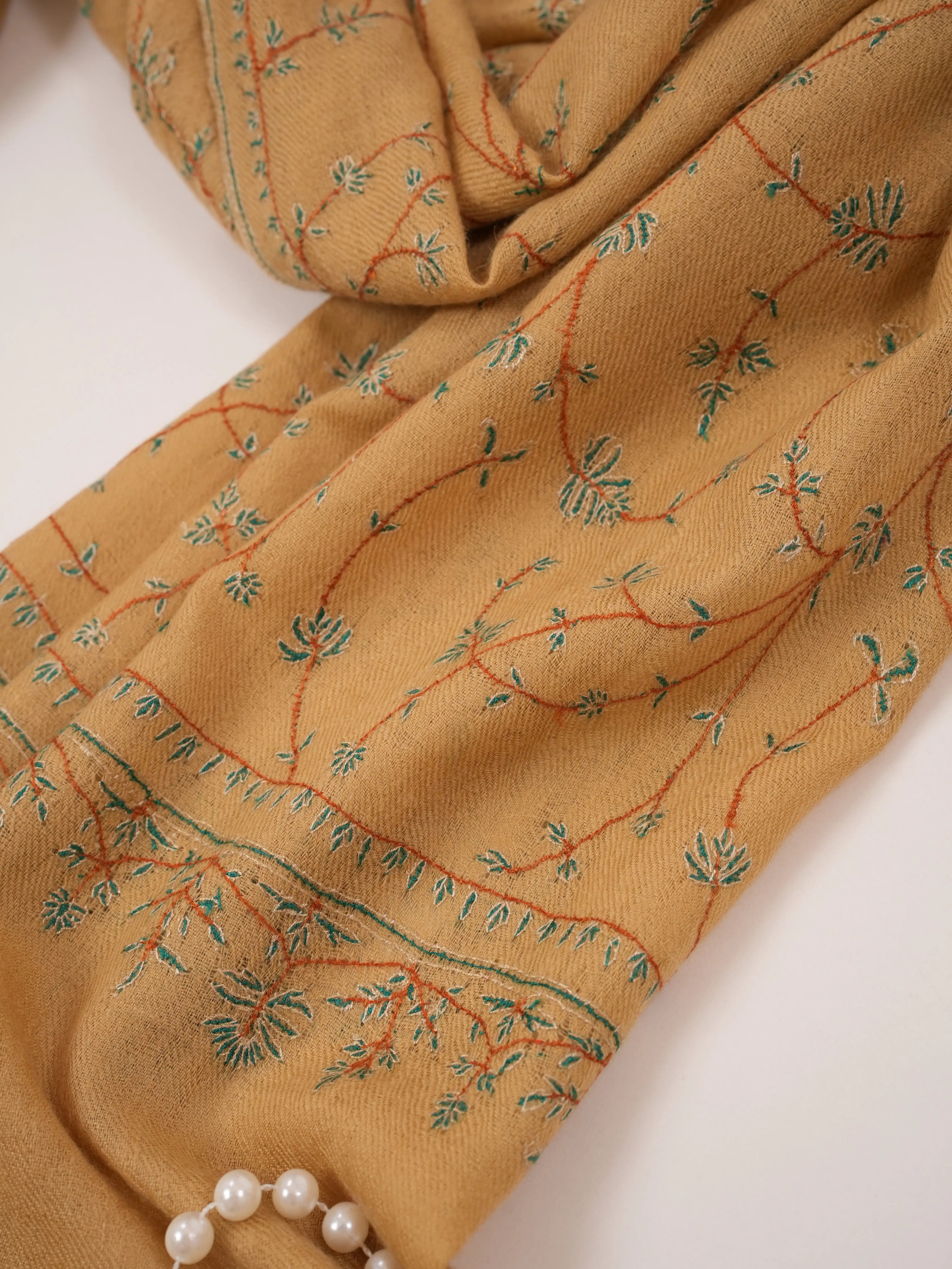 Kashmiri Tan Cashmere Scarf with Hand Sozni Jali Embroidery Shahkaar.com