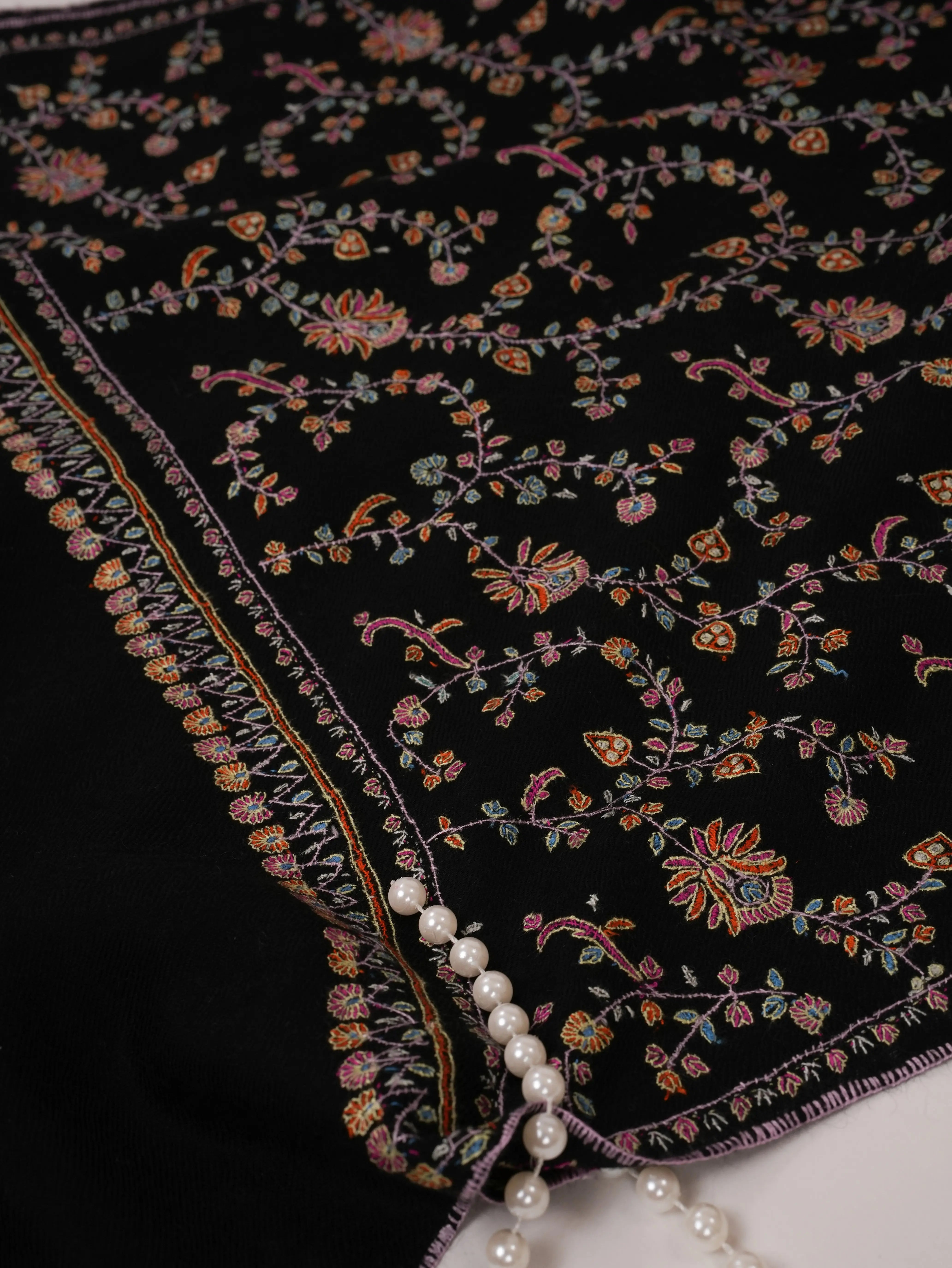 Black Soft Cashmere Scarf with All Over Jali Hand Embroidery Shahkaar.com