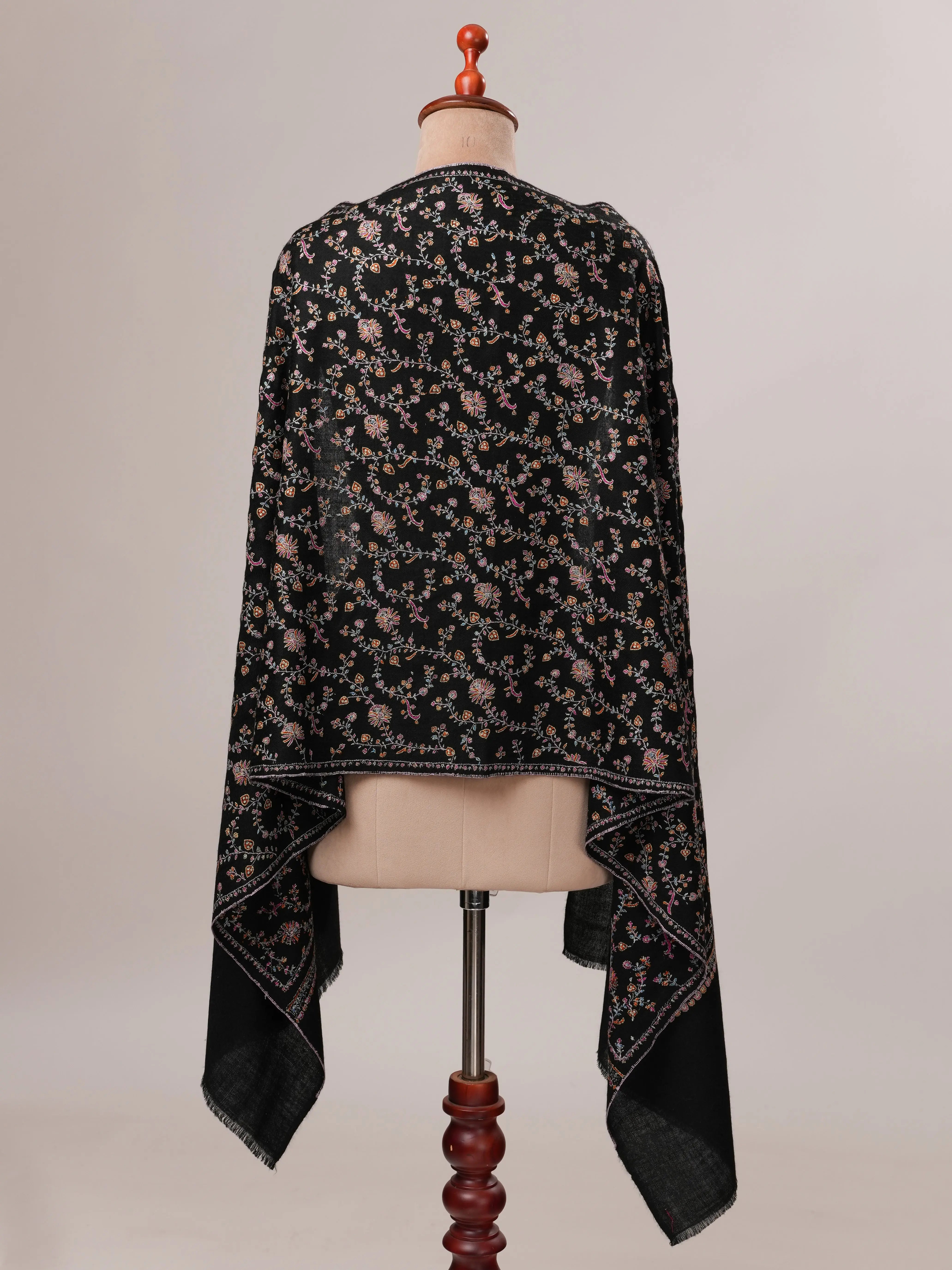 Black Soft Cashmere Scarf with All Over Jali Hand Embroidery Shahkaar.com